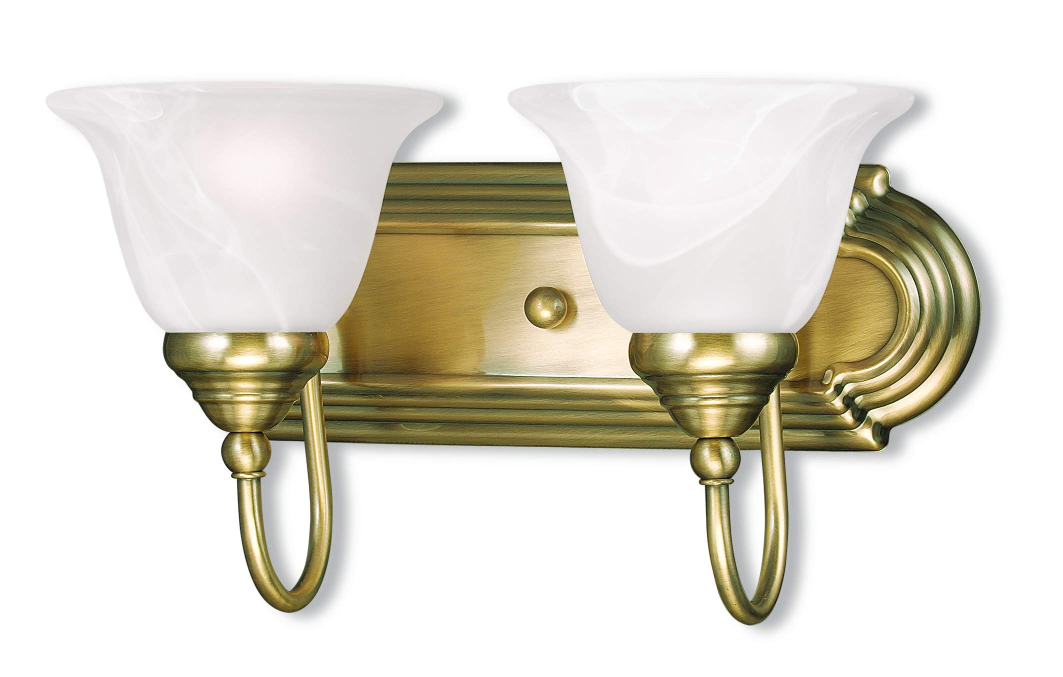 Livex Lighting 1002-01 Belmont 2-Light Bathroom Vanity Light Fixture in Antique Brass - Perfect for Bathroom, Powder Room, and Dressing Room Lighting