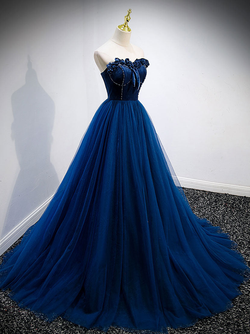 Elegant Blue Tulle A-Line Prom Dress - Long Formal Evening Gown for Homecoming, Quinceañera & Special Occasions