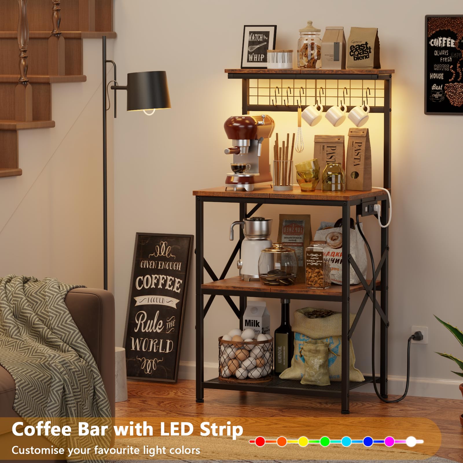 Furologee 4-Tier Bakers Rack with Power Outlet & LED Lights - Rustic Brown Kitchen Storage Shelf for Microwave, Coffee Bar, Spices & Pots - Perfect for Small Kitchens, Apartments & Coffee Stations