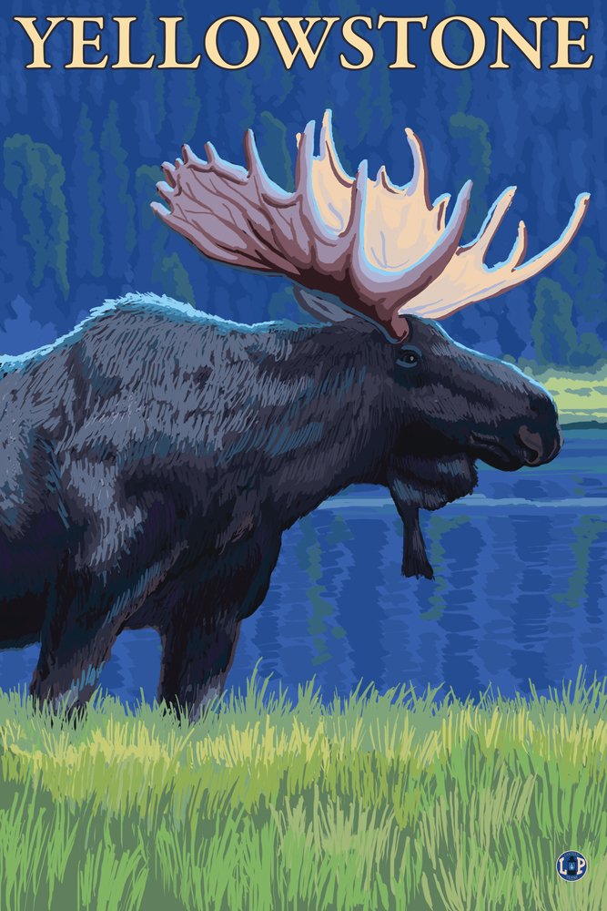 Yellowstone National Park Wyoming Moose at Night 24x36 Signed Art Print - Wildlife Wall Decor for Living Room, Office & Cabin