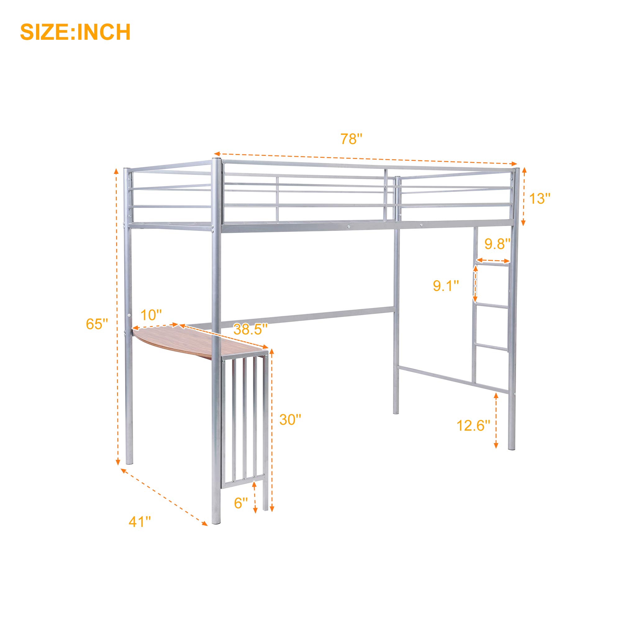 Harper & Bright Designs Twin Size Metal Loft Bed with Desk, Ladder & Guardrails - Sturdy Space-Saving Bed for Kids, Teens & Adults in Silver - Perfect for Small Bedrooms, Dorms & Studio Apartments