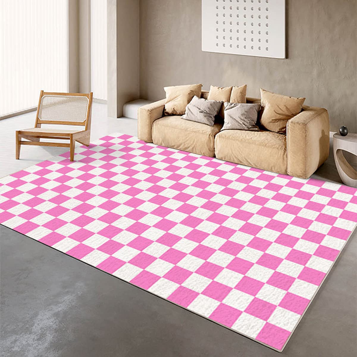 Soft Pink & White Faux Wool Checkered Area Rug - Washable 5x7 Modern Carpet for Living Room, Bedroom, Dining Room & Kitchen Runner | Durable & Stylish Home Decor