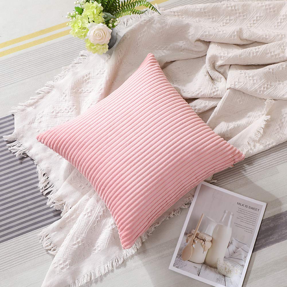 Artscope Cozy Striped Corduroy Pillow Covers 18x18 Inches - Super Soft Decorative Square Throw Pillow Cases for Sofa, Couch, Bedroom & Car - Pink Home Decor for Living Room, Nursery & Office