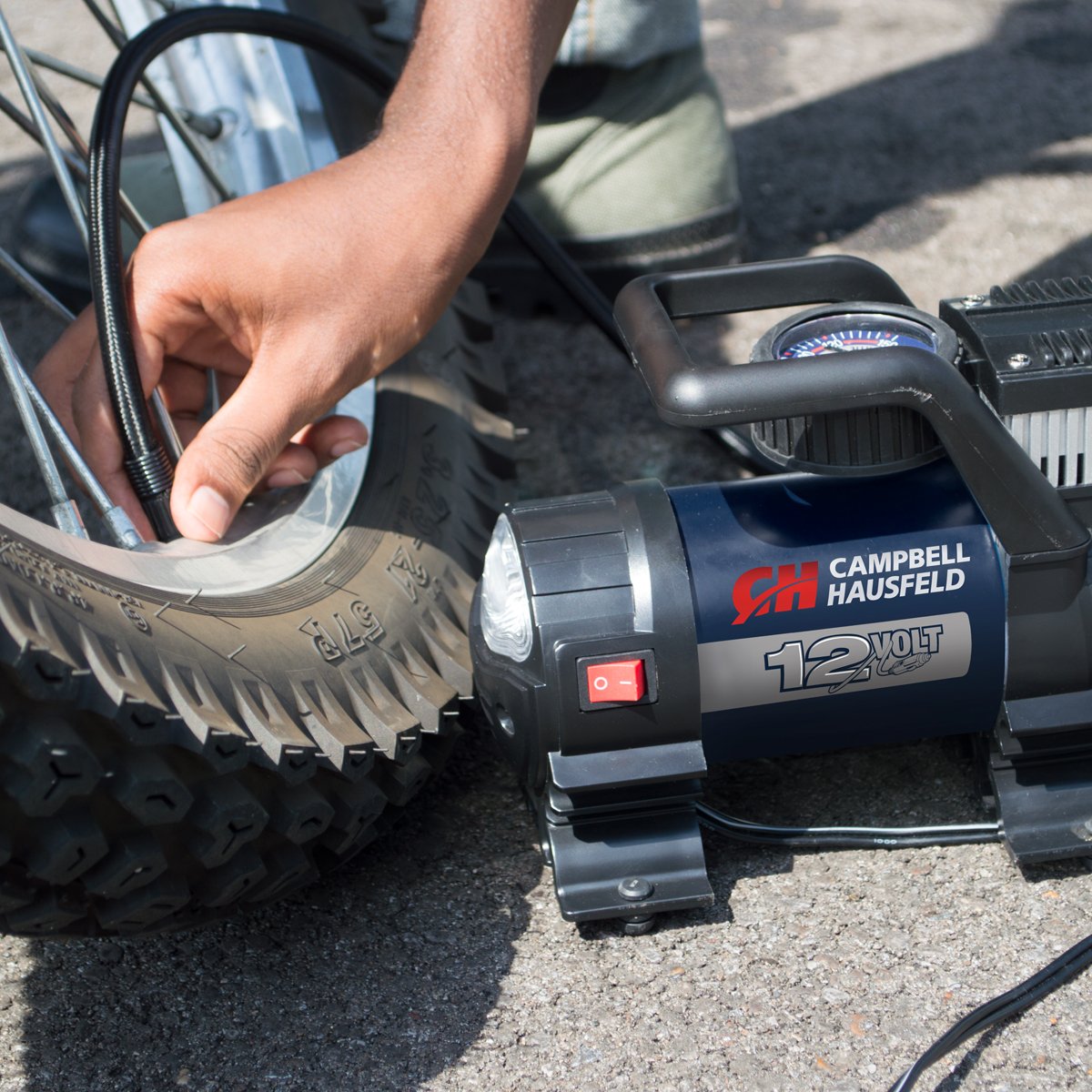 Campbell Hausfeld AF010400 Mighty Portable 12V Air Compressor Pump - 150 PSI High Pressure Inflator with Safety Light & Accessories for Tires, Bikes, Sports Balls & Inflatables | Car Emergency, Camping, Outdoor Adventures
