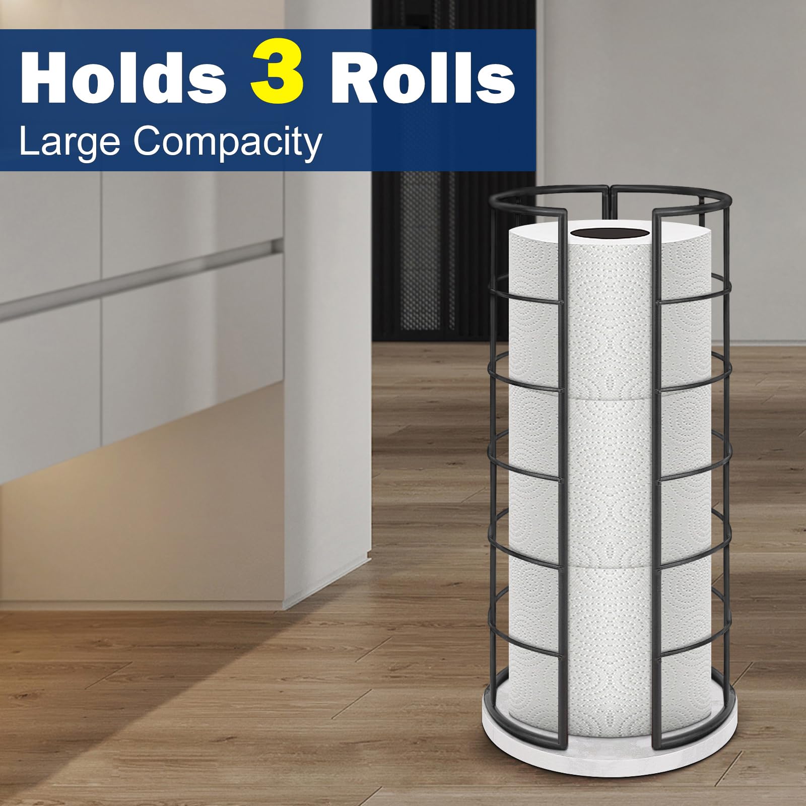 NearMoon Free Standing Toilet Paper Holder Stand - 3 Roll Bathroom Tissue Storage Organizer, Rustproof Metal Toilet Roll Dispenser for Kitchen Countertop & Cabinet Shelf (Marble Base, Matte Black) - Perfect for Bathroom, Kitchen, RV & Office Organization