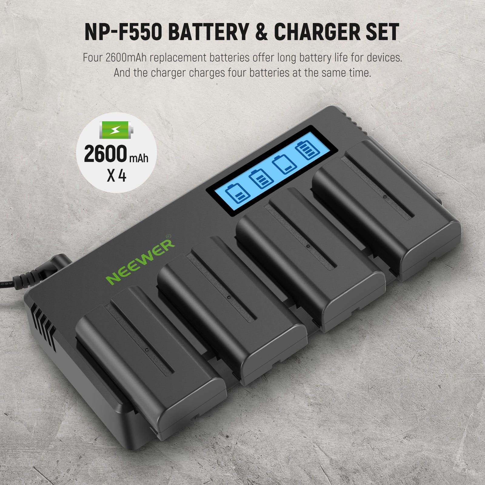 NEEWER 4 Pack NP-F550 2600mAh Replacement Batteries for Sony Cameras - Compatible with Sony Alpha, Cyber-shot & Handycam (Perfect for Travel, Vlogging & Professional Photography)