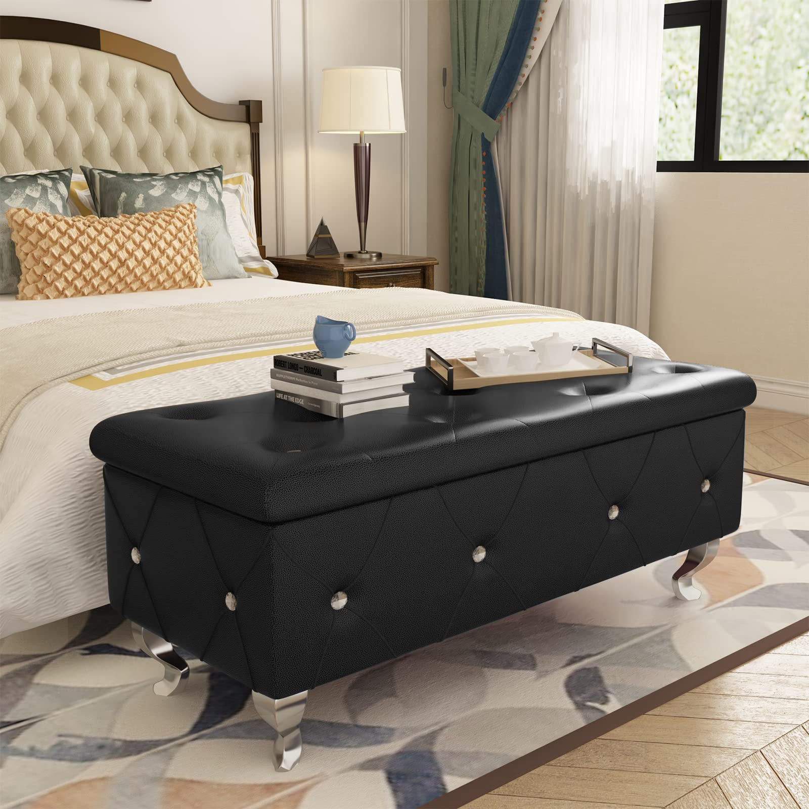 PU Leather Storage Ottoman Bench with Button Tufted Design, 37.4