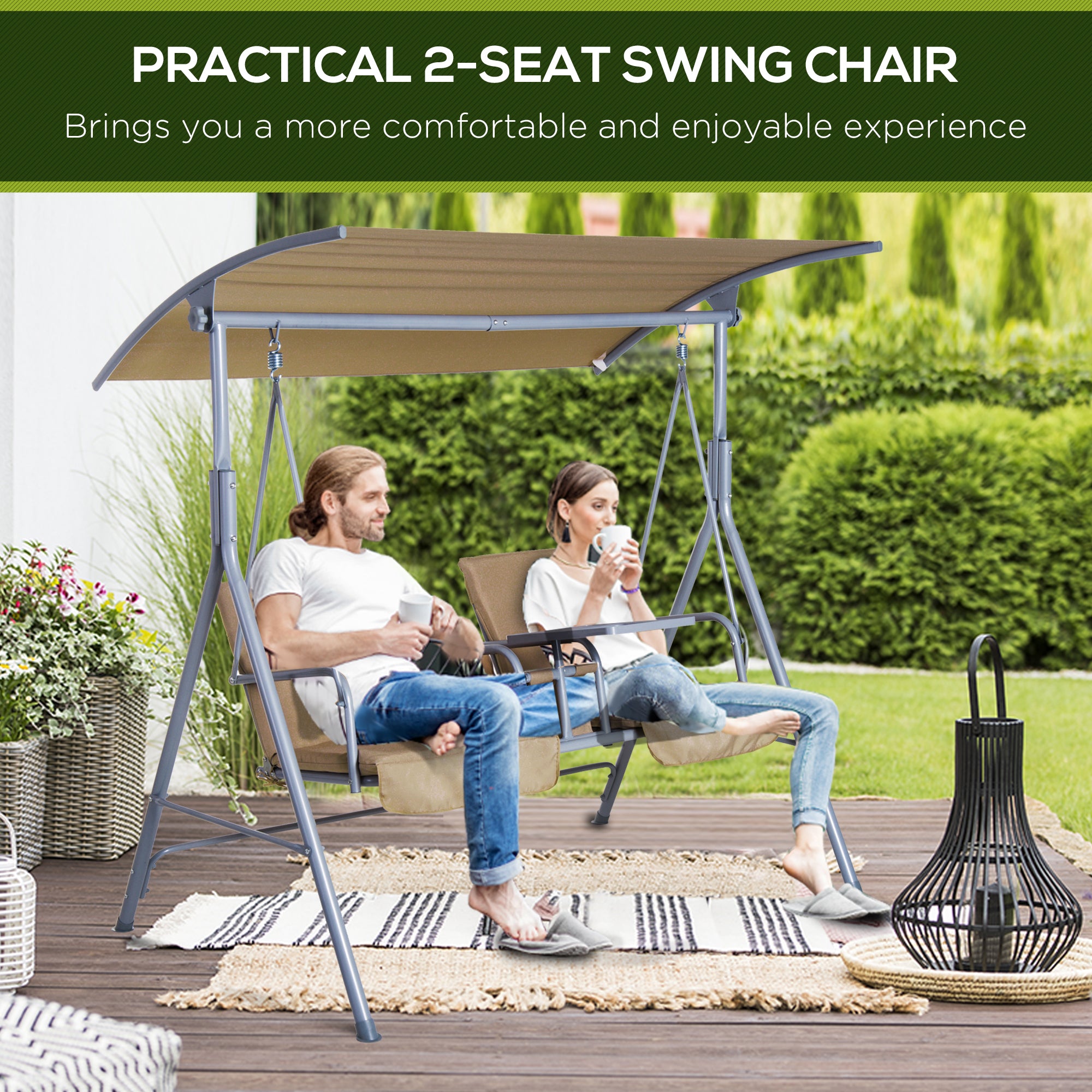 2 Person Porch Swing with Stand - Outdoor Canopy Swing Chair with Pivot Storage Table & 2 Cup Holders - Beige Patio Swing with Cushions for Backyard, Garden, Deck Relaxation