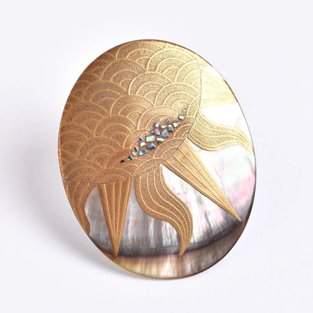 Handcrafted Maki-e Urushi Lacquer Brooch with Black Lip Oyster Pearl Shell & Sun Design | Traditional Japanese Lacquer Jewelry for Women | Perfect for Formal Occasions, Gift Giving & Cultural Events