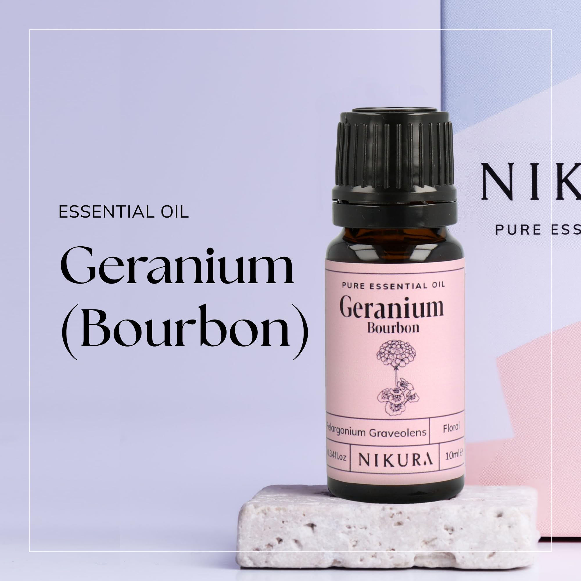 Nikura Geranium Essential Oil - 10ml | 100% Pure Natural Bourbon Geranium Oil for Aromatherapy, Sleep Aid, Stress Relief & Skin Care | Vegan, UK Made | Perfect for Diffusers, Massage, Bath & Candle Making