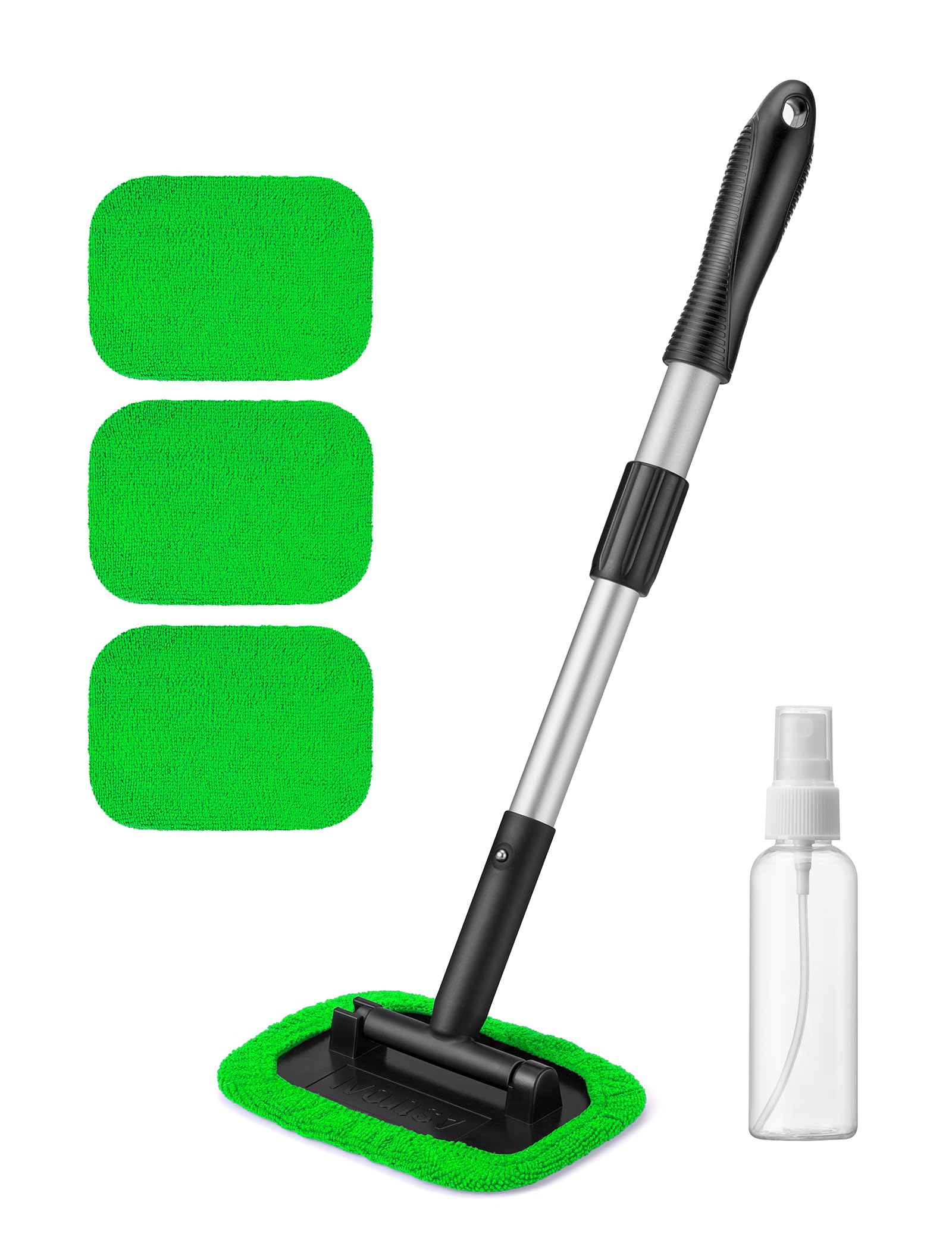 AstroAI Windshield Cleaner Kit - 4 Reusable Washable Microfiber Pads with Extendable Handle for Car Windows Cleaning - Perfect for Auto Glass, Mirrors, and Home Windows - Green
