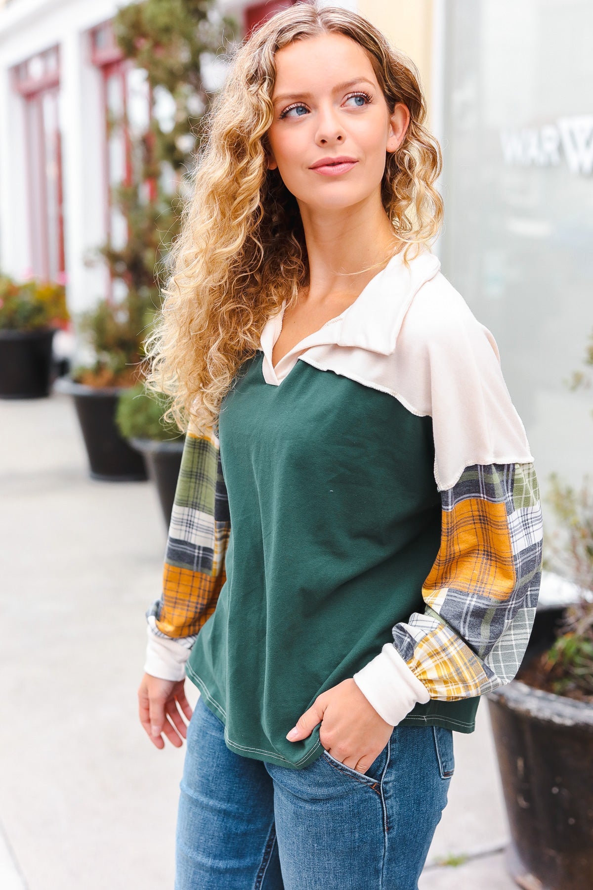 Fall For You Hunter Green Plaid Color Block Collared Terry Top - Women's Fashion Long Sleeve Shirt for Autumn Outfits, Casual Wear & Layering