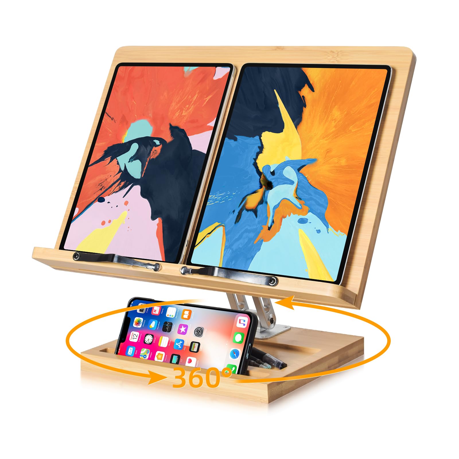 360° Adjustable Book Stand for Reading - Foldable Desktop Holder with Rotating Base & Page Clips - Perfect for Cookbooks, Textbooks, Sheet Music & Laptops (15.4