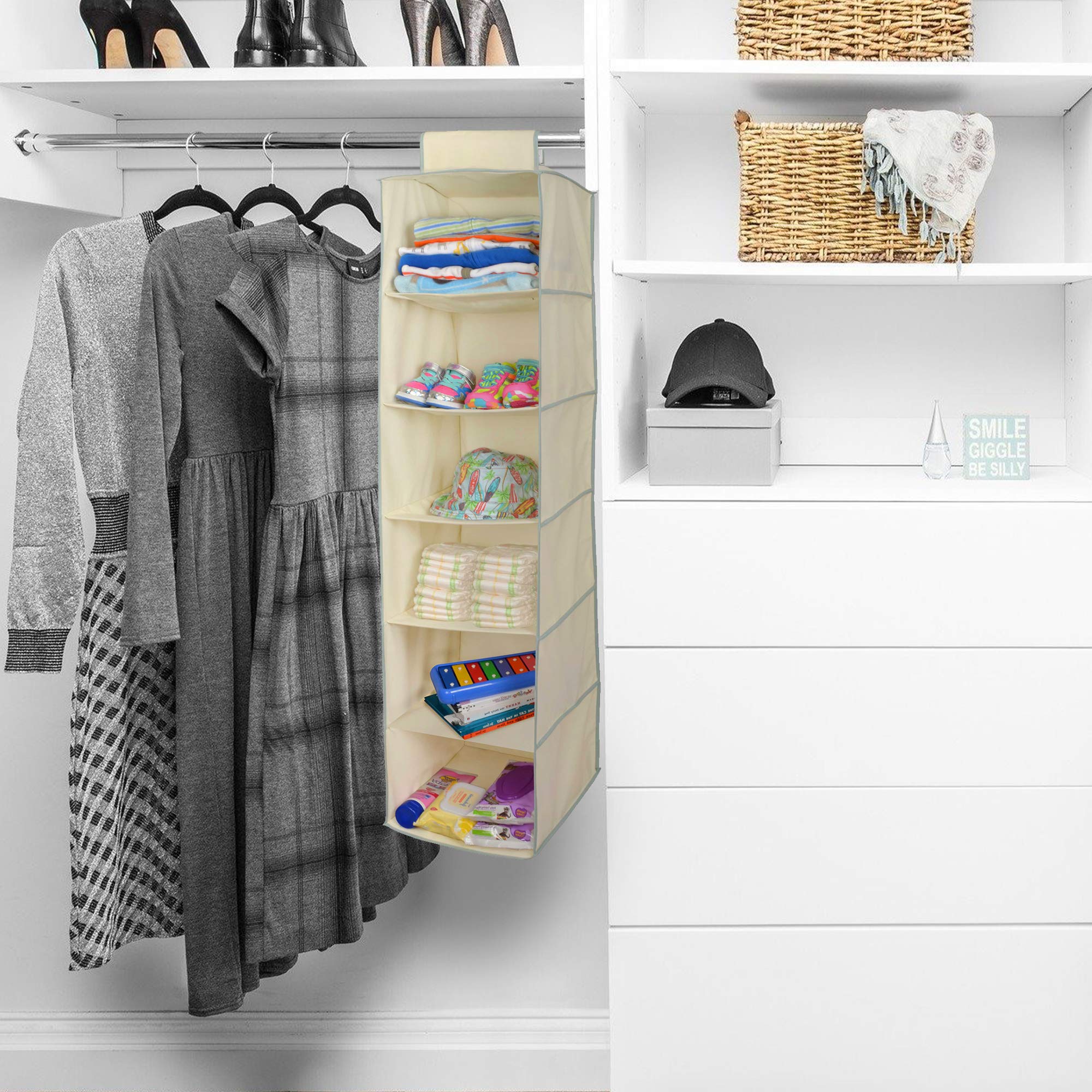 Smart Design 6-Tier Shelf Cubby Hanging Organizer with Hook & Loop - VentilAir Breathable Material for Clothing, Accessories & Closet Storage - Beige with Slate Trim - Perfect for Bedroom, Bathroom & Home Organization