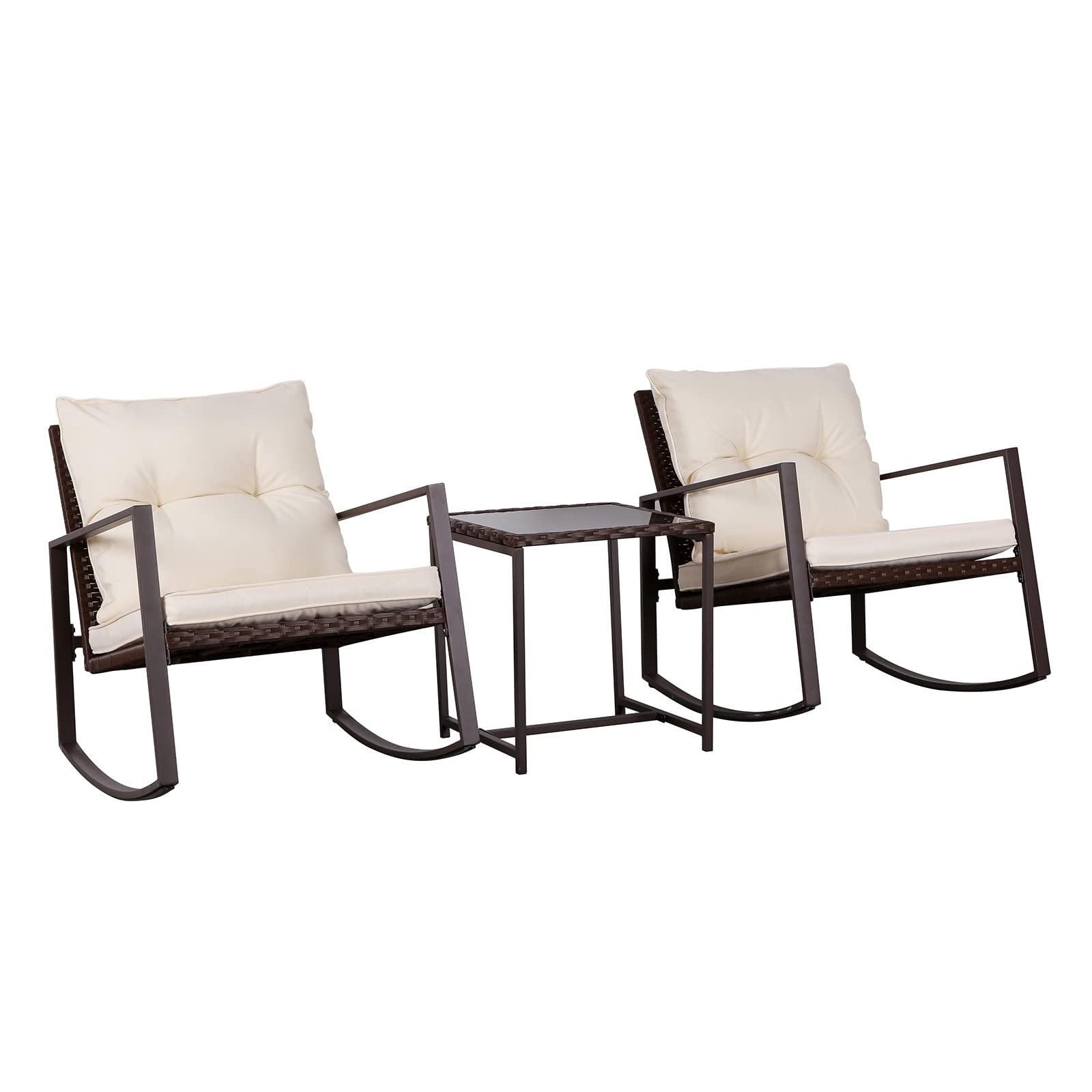 SUNCROWN 3-Piece Outdoor Patio Furniture Set - Brown Wicker Rocking Bistro Chairs with Glass Coffee Table & Beige Cushions | Perfect for Garden, Balcony, Backyard Relaxation & Coffee Time
