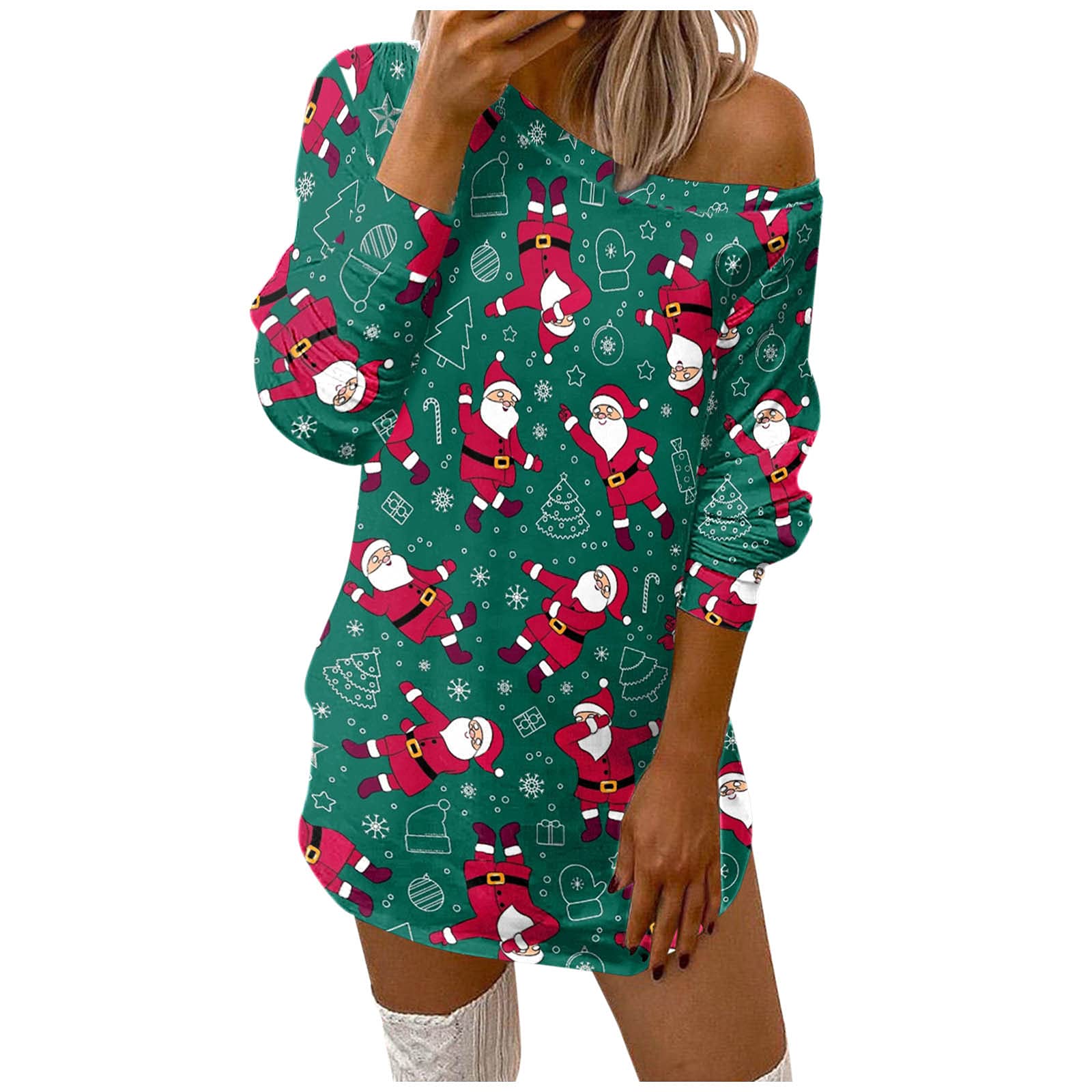 Plus Size Christmas Print Off-Shoulder Sweatshirt Dress for Women - Long Sleeve Casual O-Neck Green Summer Dress | Perfect for Holiday Parties, Family Gatherings & Festive Outfits
