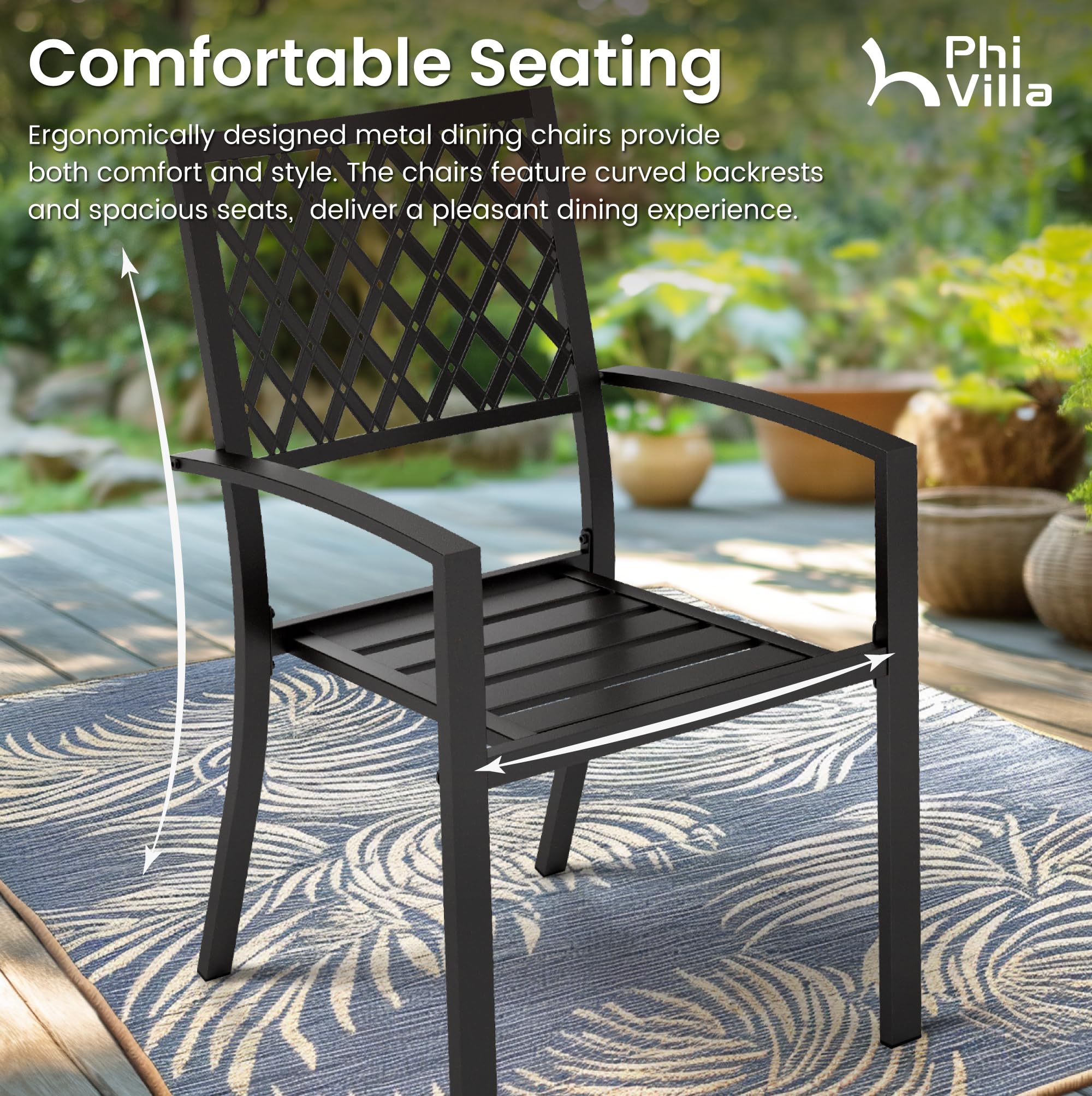 PHI VILLA Stackable Black Wrought Iron Patio Dining Chairs Set of 6 - 300 LBS Capacity Metal Outdoor Chairs for Garden, Poolside & Backyard Dining
