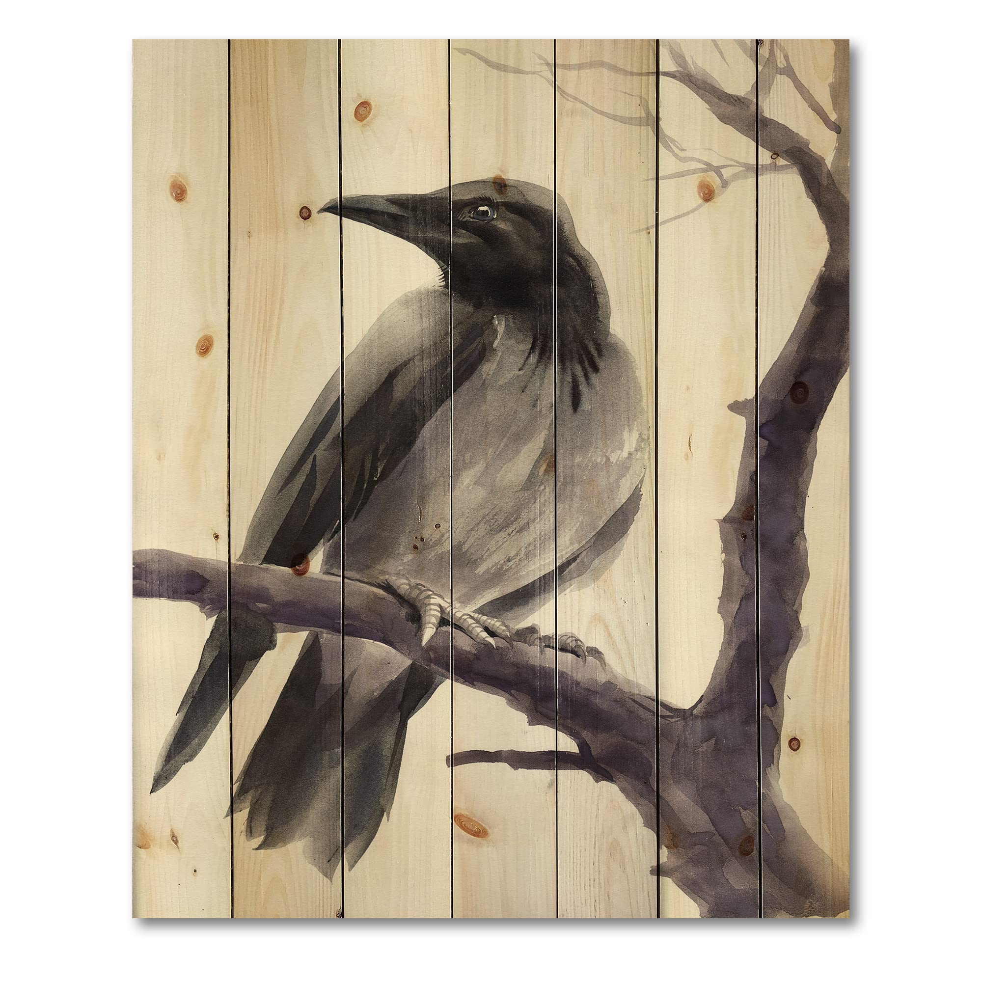 DesignQ Big Crow on Branch Traditional Wood Wall Art - Grey Large Animal Wall Decor, Natural Pine Wood Panel Print - Perfect for Living Room, Bedroom & Office Decor