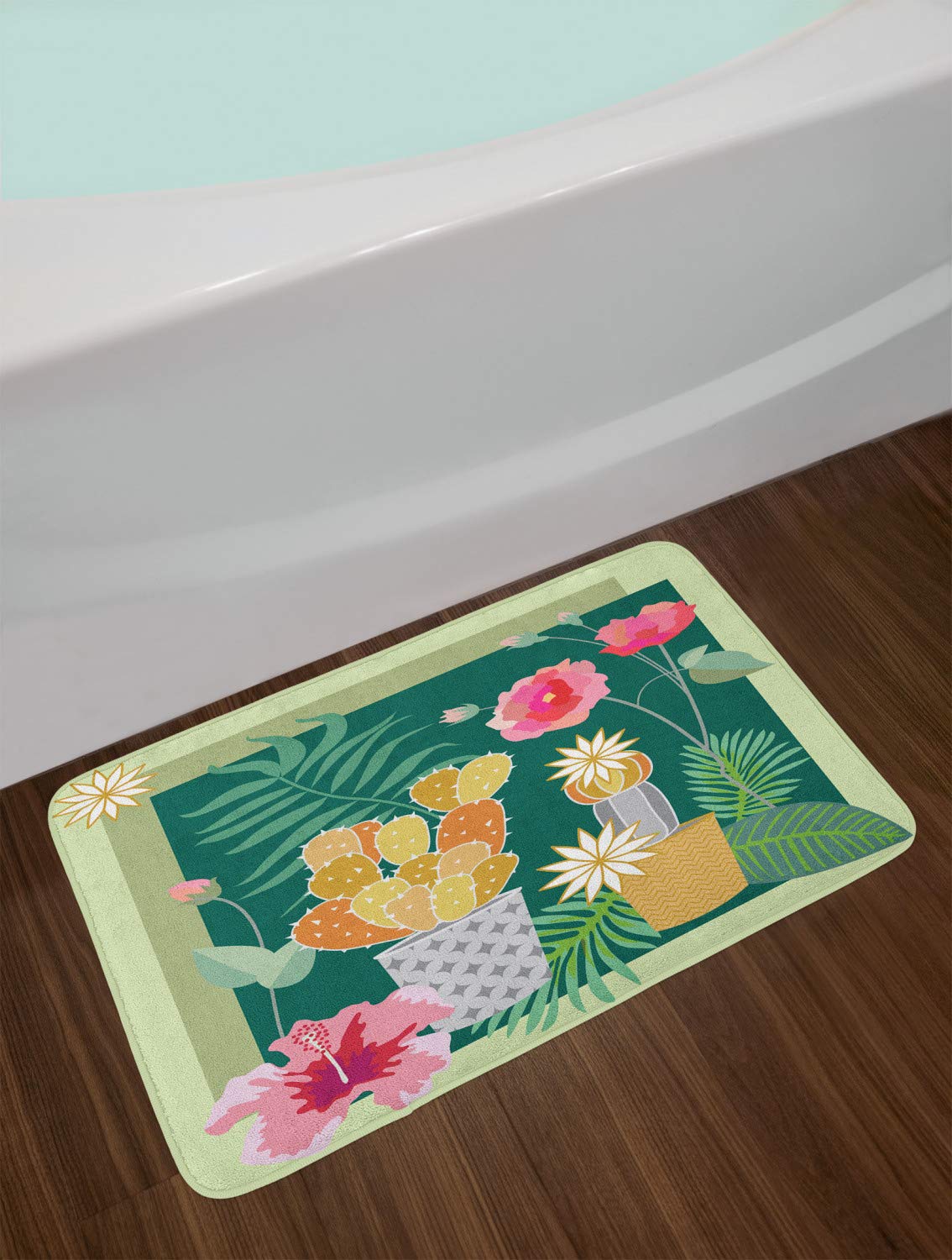 Ambesonne Non-Slip Cactus Bath Mat - Soft Plush Boho Decor with Succulent, Hibiscus & Monstera Leaf Design, 30.2