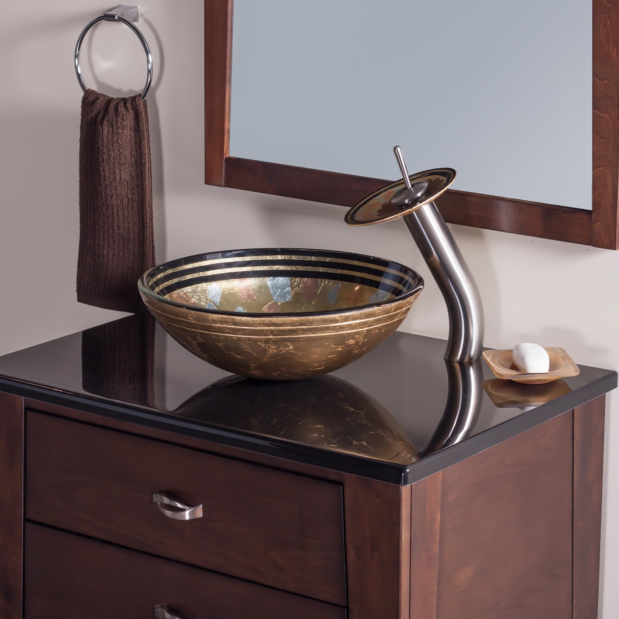 Novatto CELEBRAZIONE Glass Vessel Bathroom Sink Set with Brushed Nickel Faucet - Modern Vanity Sink for Bathroom, Powder Room, or Guest Bath Decor