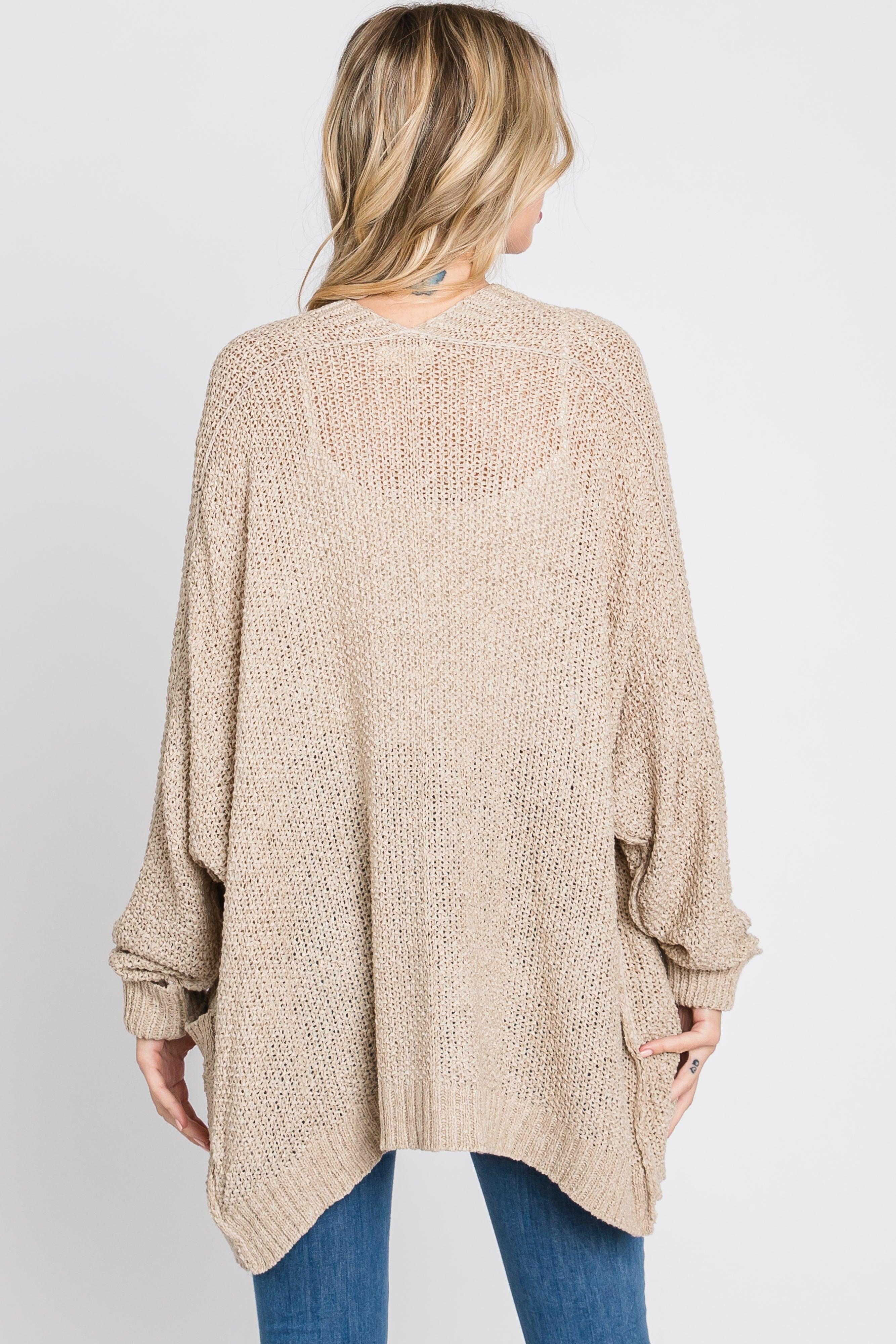 Beige Cuff Sleeve Cardigan for Women - Soft Knit Open Front Long Sweater - Cozy Fall & Winter Layering Piece for Office, Date Night or Casual Outfits