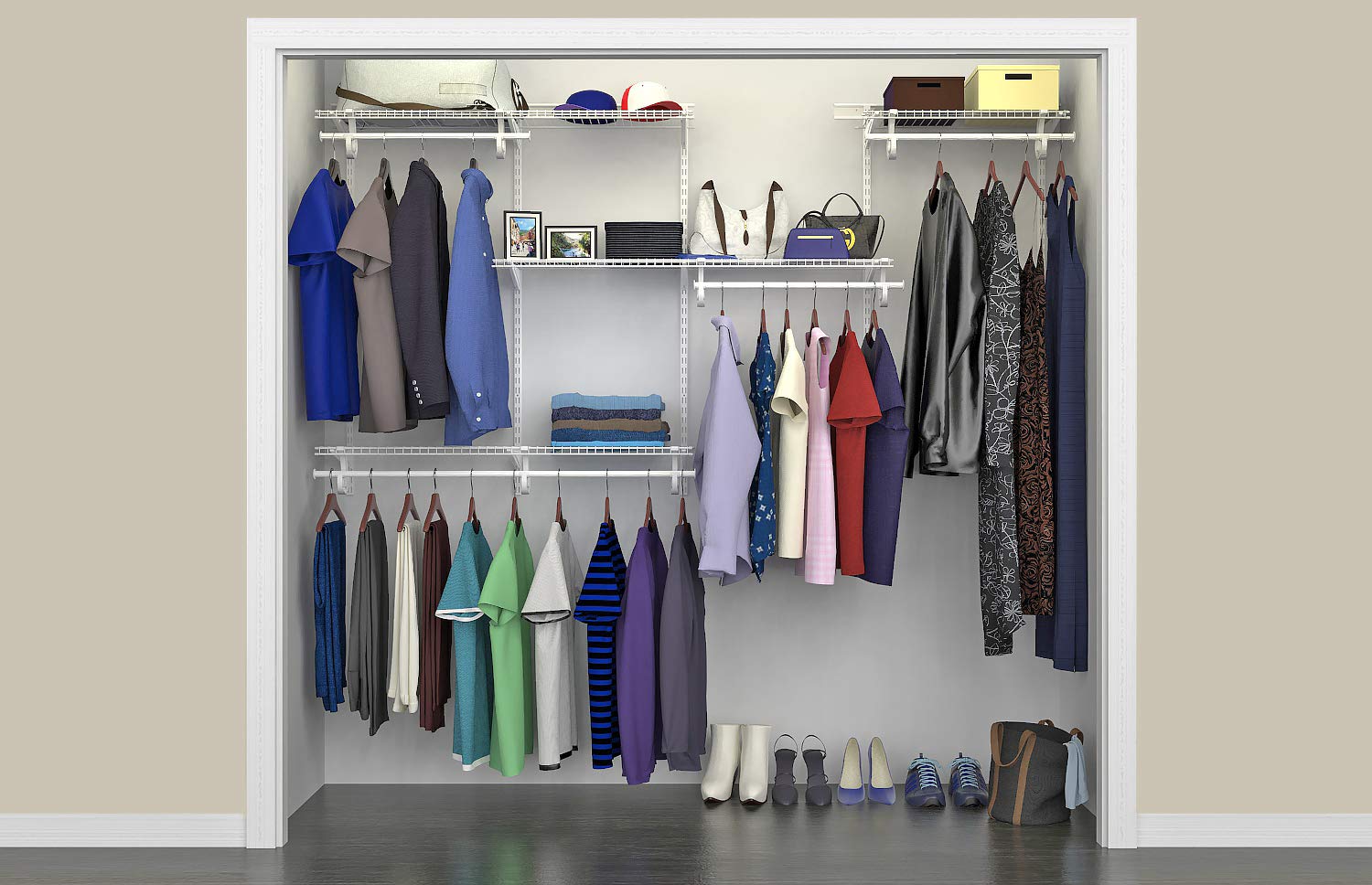 ClosetMaid Adjustable Wire Closet Organizer System 5-8 Feet with Shelves & Clothes Rods - Durable Steel Closet Storage Solution for Bedroom, Walk-in Closet & Home Organization (White)