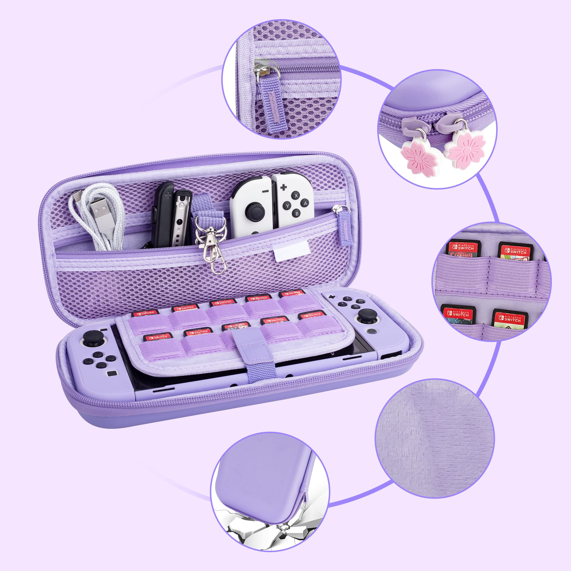 9-in-1 Nintendo Switch OLED Carrying Case Set - GLDRAM Protective Travel Case with Hard PC Cover, Tempered Glass Screen Protector, Thumb Grip Caps, Wrist Strap & Adjustable Shoulder Strap for Girls (Purple) - Perfect for Travel, Commuting & Gaming On-The-Go