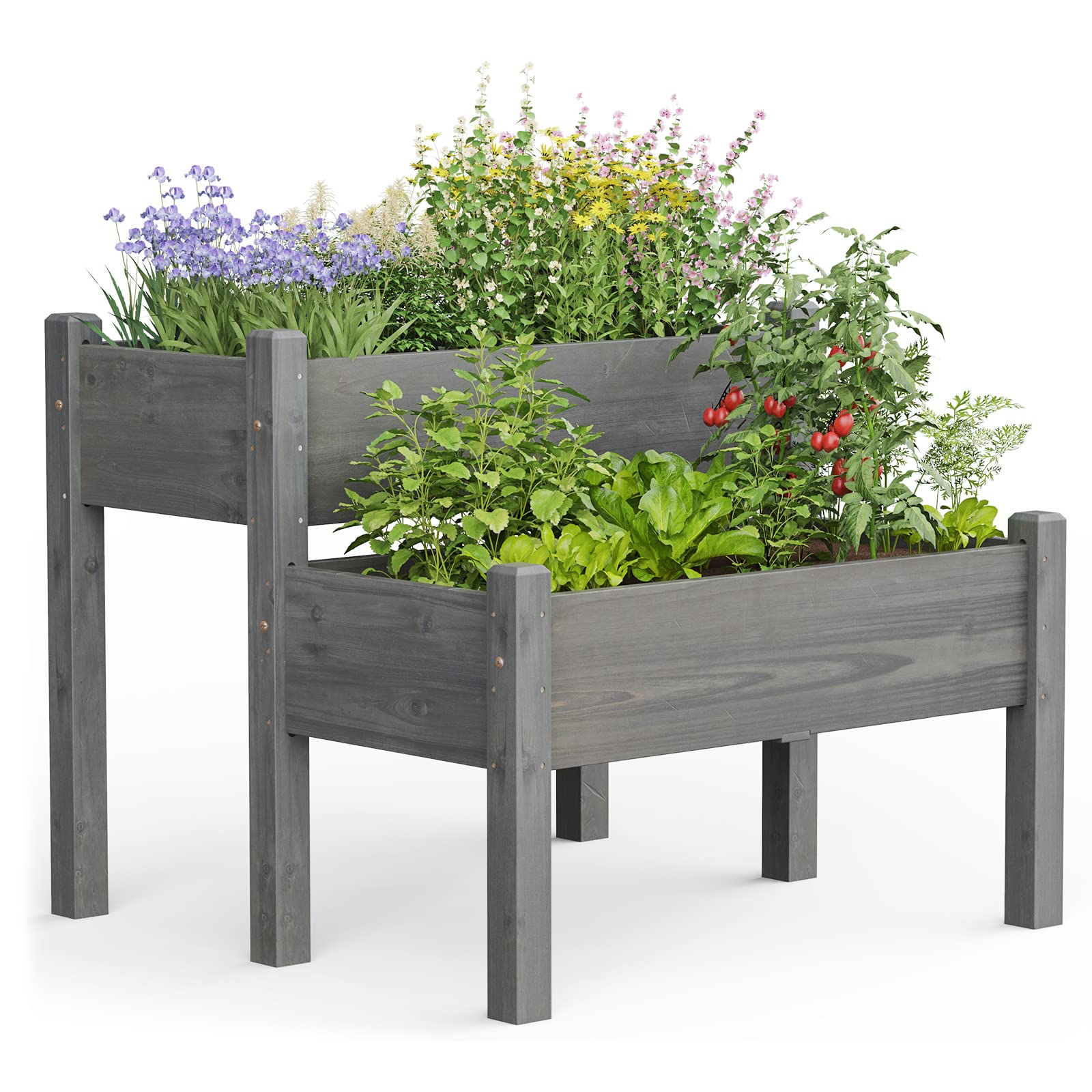 Giantex Set of 2 Raised Garden Beds - Elevated Wood Planter Box Kit for Flowers, Vegetables, Fruits & Herbs - Outdoor Planting Container for Patio, Balcony, Yard (Gray) - Perfect for Small Space Gardening & Urban Farming