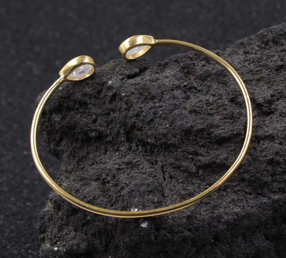 Rainbow Moonstone Adjustable Gold Plated 925 Silver Cuff Bracelet Bangle - Handmade Jewelry for Women, Boho Chic Accessories for Everyday Wear & Special Occasions