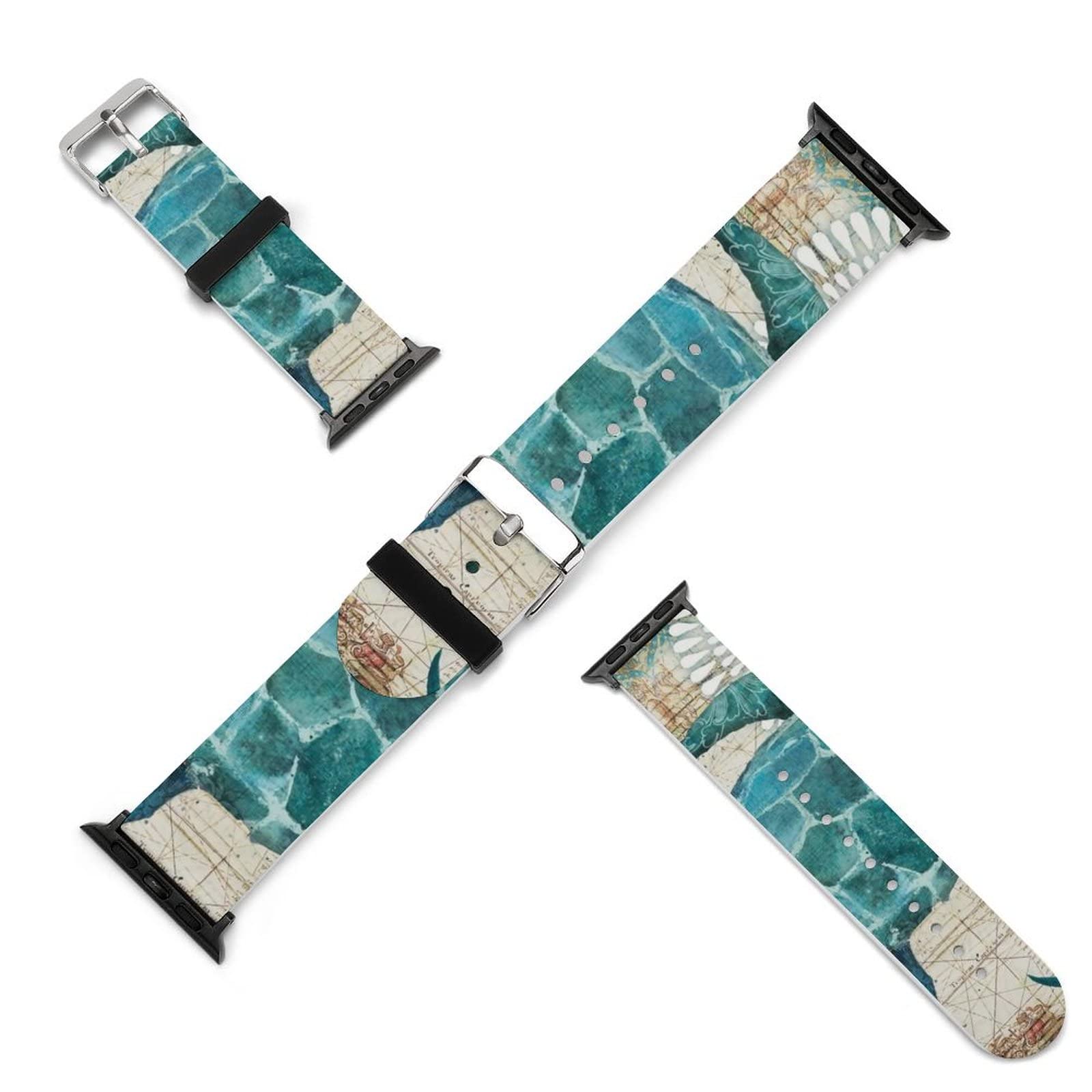 Blue Sea Turtle Nautical Map Silicone Watch Band Compatible with Apple Watch Series 5/4/3/2/1 - Waterproof Durable Strap for Women & Men - Perfect for Swimming, Beach Activities & Outdoor Adventures