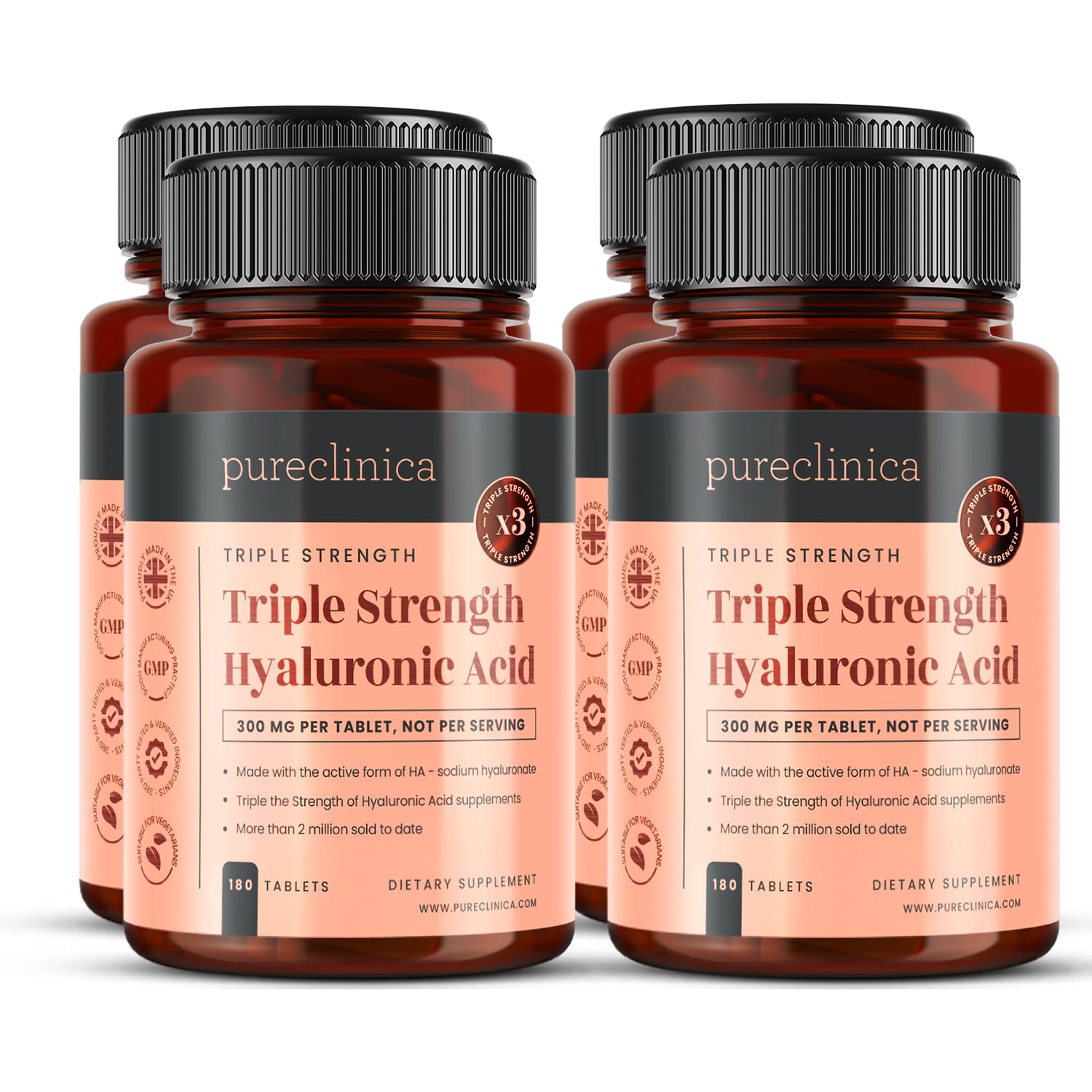 PureClinica Triple Strength Hyaluronic Acid 300mg - 720 Tablets (4 Bottles x 180) | 2 Year Supply | Supports Joint Health & Skin Hydration | Perfect for Active Lifestyles & Anti-Aging Routines