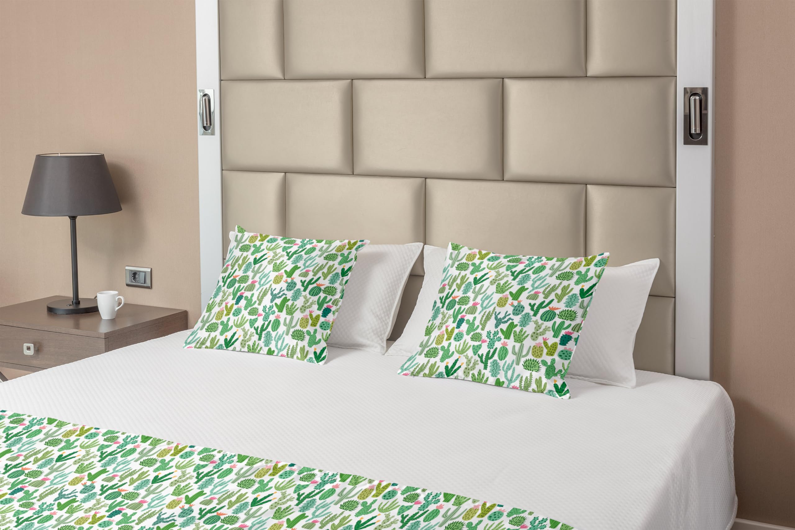 Ambesonne Cactus Bed Runner Set with 2 Pillow Shams - Mexican Theme Cacti Plants Sketch Design on White & Seafoam Backdrop - Decorative Bedding Scarf for Hotels, Homes, and Guest Rooms - Perfect for Southwest, Boho, or Desert Themed Bedroom Decor