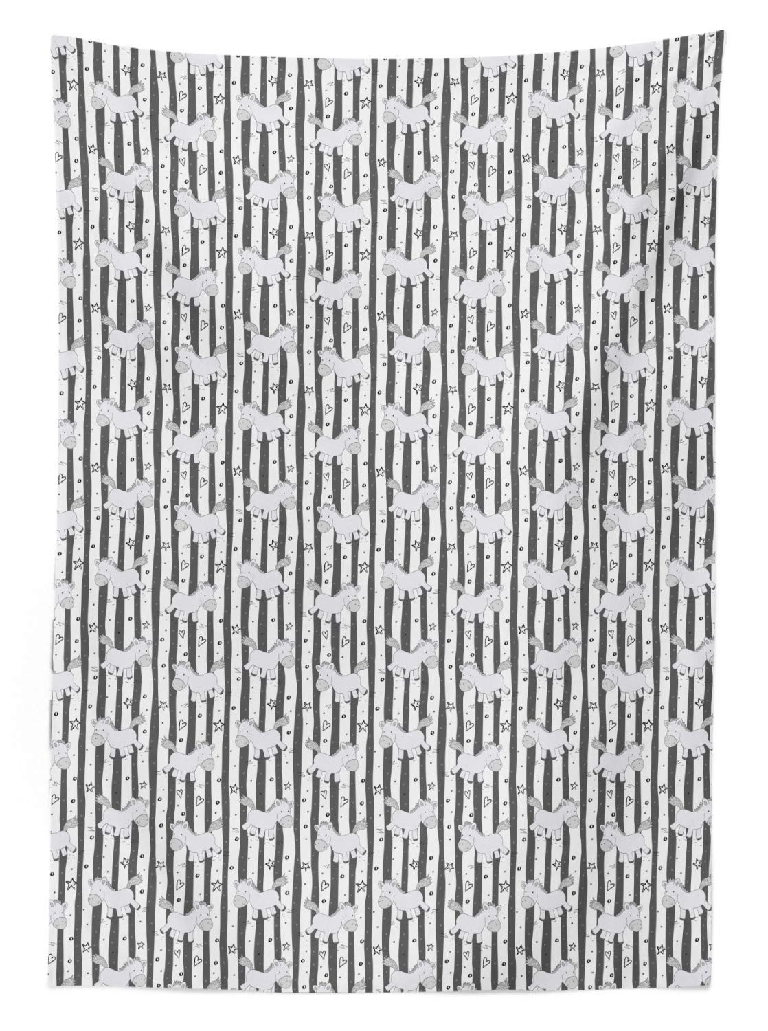 Ambesonne Star Print Outdoor Tablecloth - Vertical Stripes with Doodle Stars, Hearts, Dots & Ponies - Washable Picnic Table Cover 58x104 Inches - White Black Grey for Garden Parties, BBQs, and Picnics