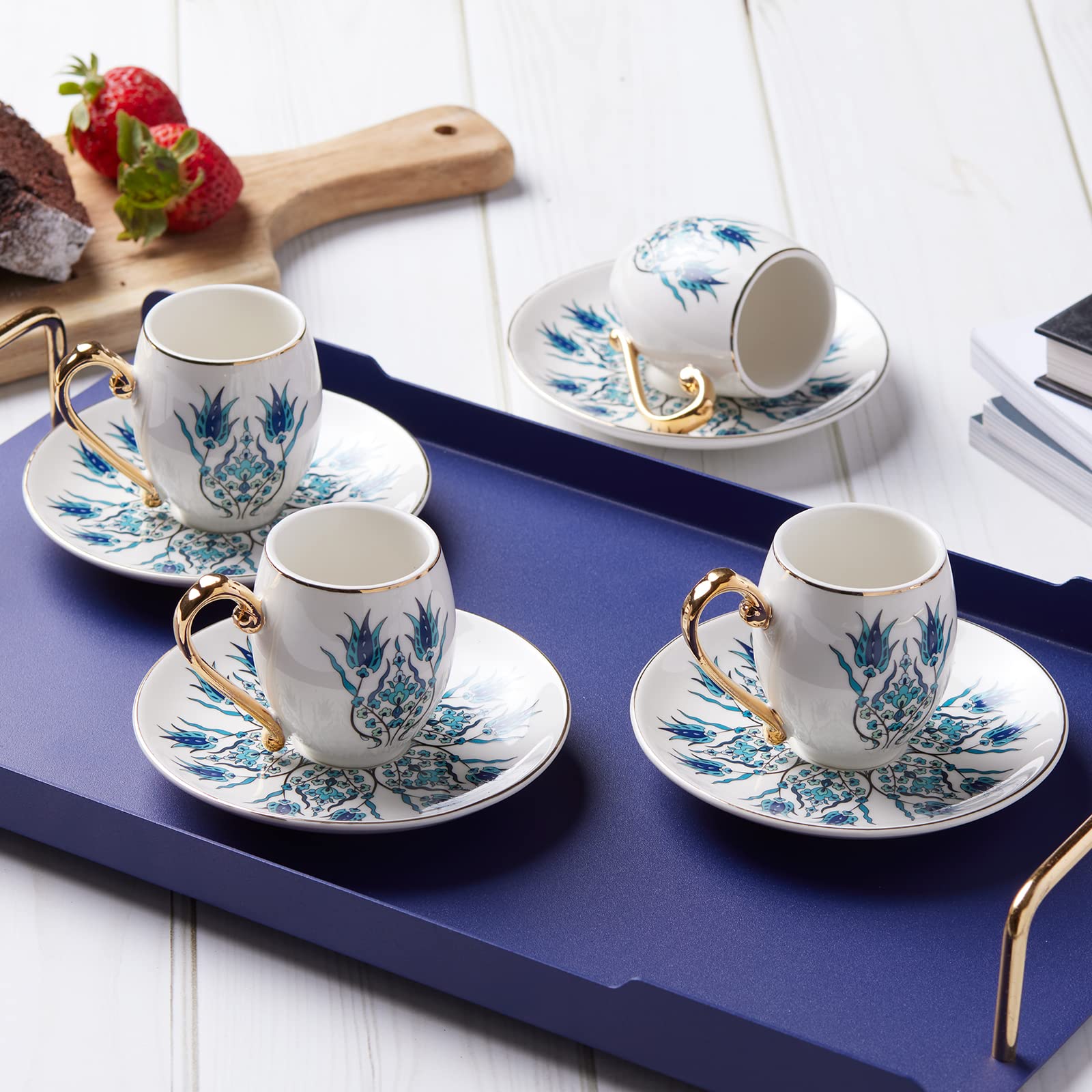 Decoret 6-Piece Porcelain Espresso Cup and Saucer Set - Small Demitasse Coffee Cups for Espresso & Turkish Coffee, White & Blue Ceramic Gift Box Set - Perfect for Home, Cafe, and Office Use