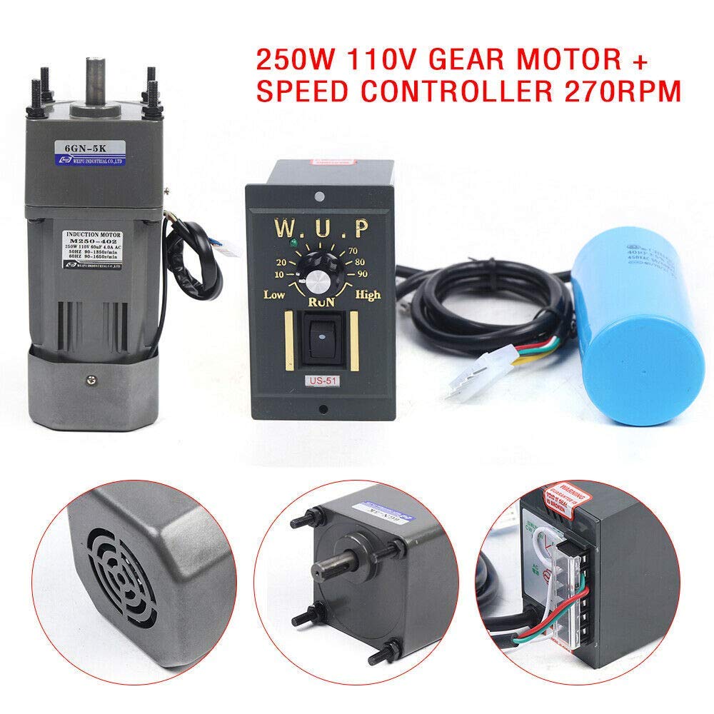 110V 250W AC Gear Motor - Single Phase Electric Motor with Variable Speed Controller (0-270 RPM) | 1:5 Reduction Ratio | Perfect for Conveyor Belts, Mixers & Industrial Machinery