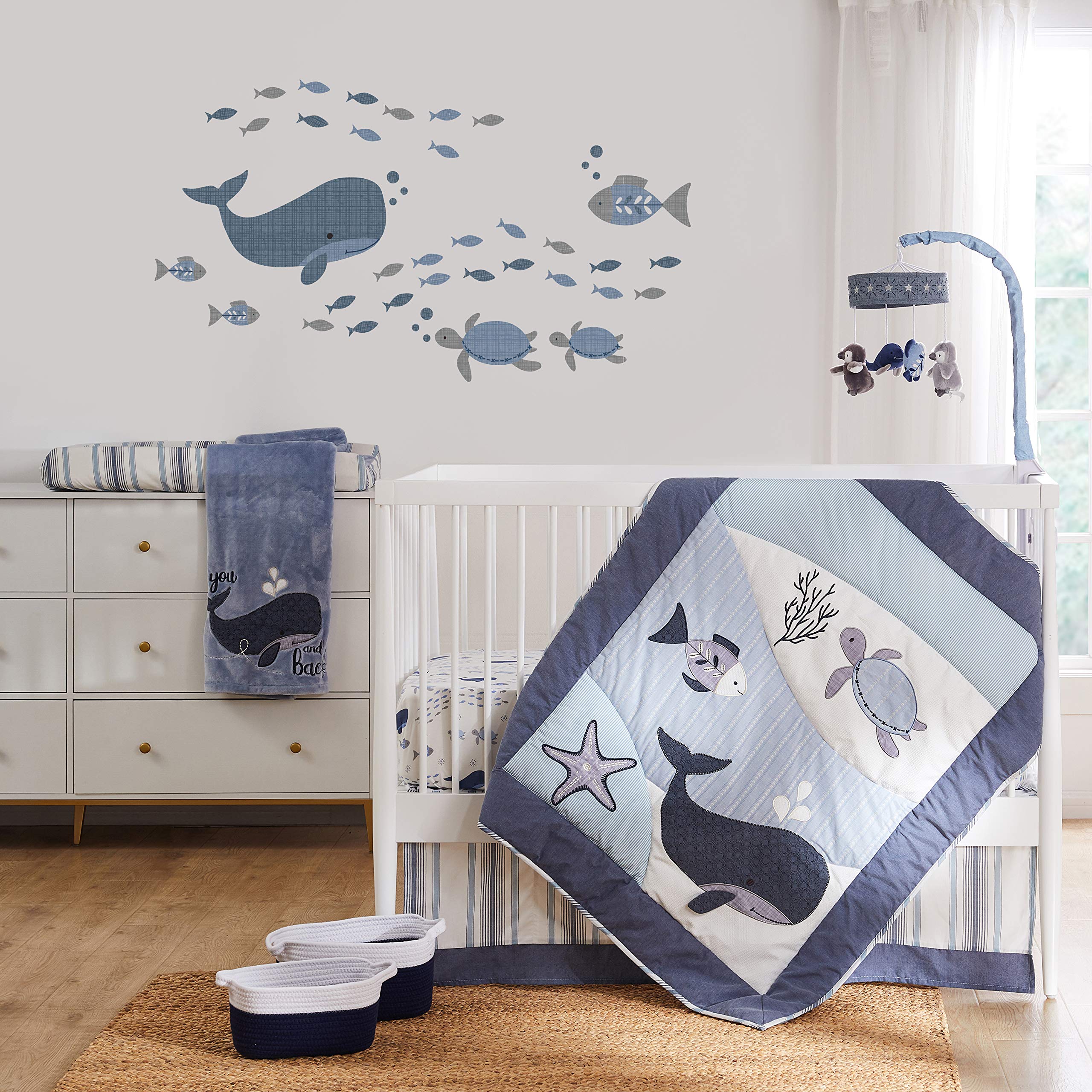 Levtex Baby Boho Bay Crib Bedding Set - 5 Piece Nursery Collection with Quilt, Fitted Sheets, Wall Decal & Dust Ruffle - Navy Blue Grey White Under The Sea Theme - Perfect for Coastal Nursery Decor & Baby Shower Gifts