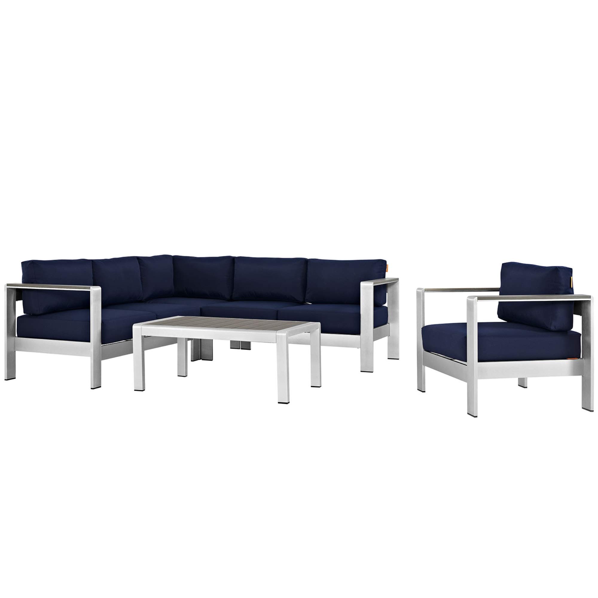 Ergode Shore Outdoor Patio Collection - Durable Aluminum Sectional Sofa Set in Silver & Navy | Perfect for Backyard, Poolside & Garden Relaxation
