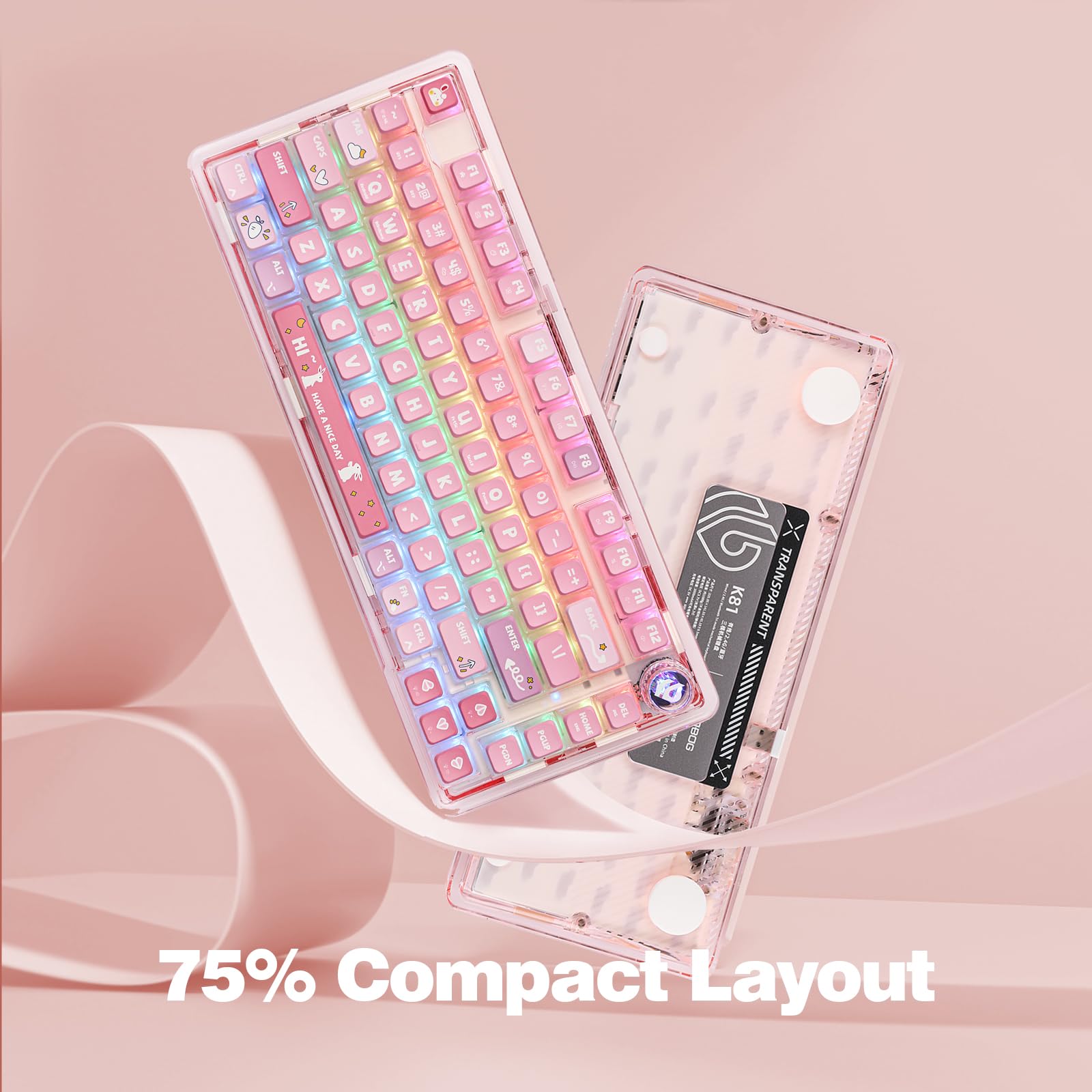 EPOMAKER x LEOBOG K81 Wireless Mechanical Keyboard - Gasket-Mounted Custom Design with Knob, BT5.0/2.4G/USB-C Connectivity, Hot-Swappable Switches, NKRO for Gaming & Typing - Compatible with Windows & Mac (Pink Bunny, Ice Crystal Switch) - Perfect for Esports, Office Work & Content Creation