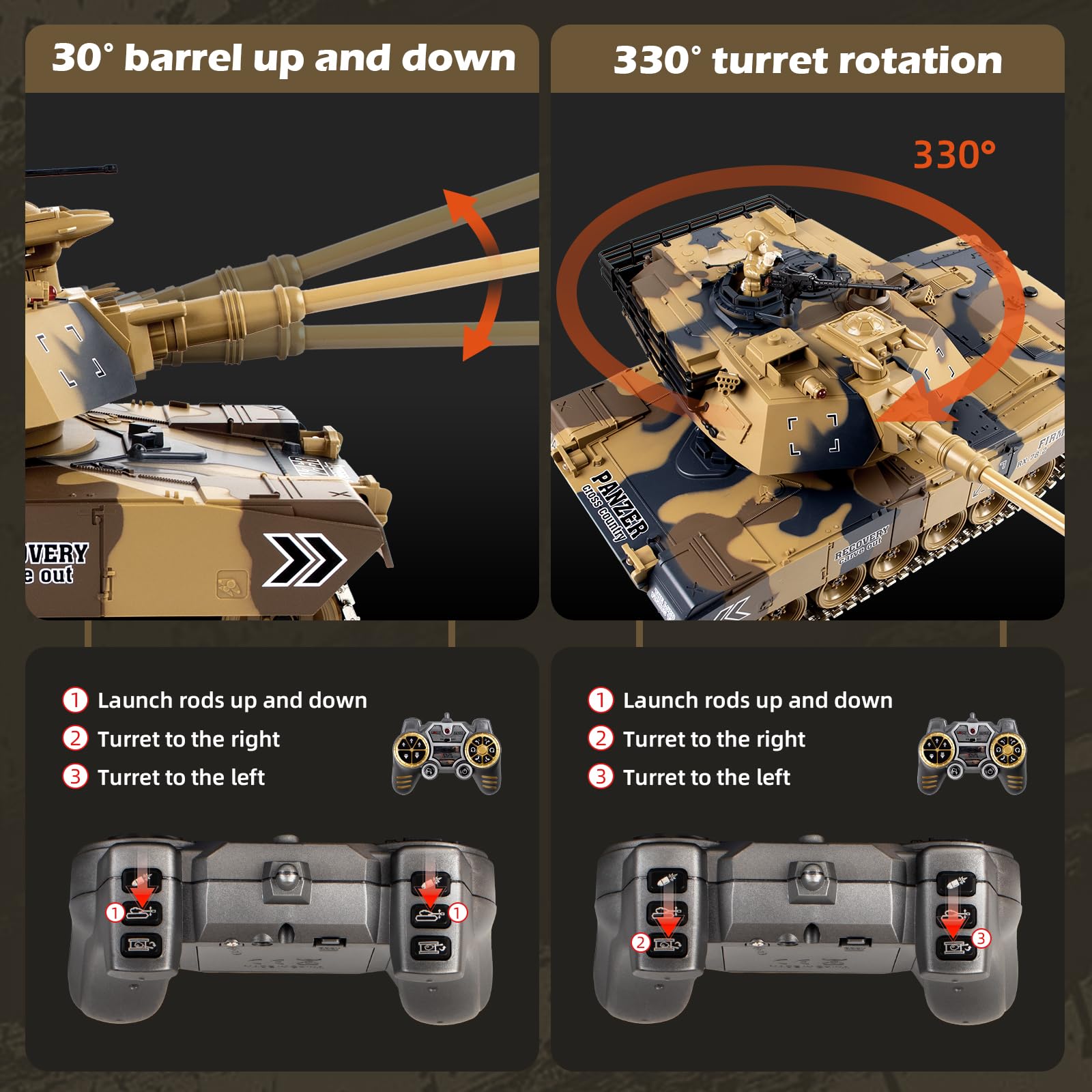 1/18 Scale US M1A2 Abrams RC Tank - 15 Channel Remote Control Military Tank with Metal Tracks, Realistic Smoke & Sound Effects, LED Lights, BB/Water Bomb Launcher, Recoil System & 60 Min Playtime - Perfect for Adults & Kids Battle Games, Military Enthusiasts & Collectors