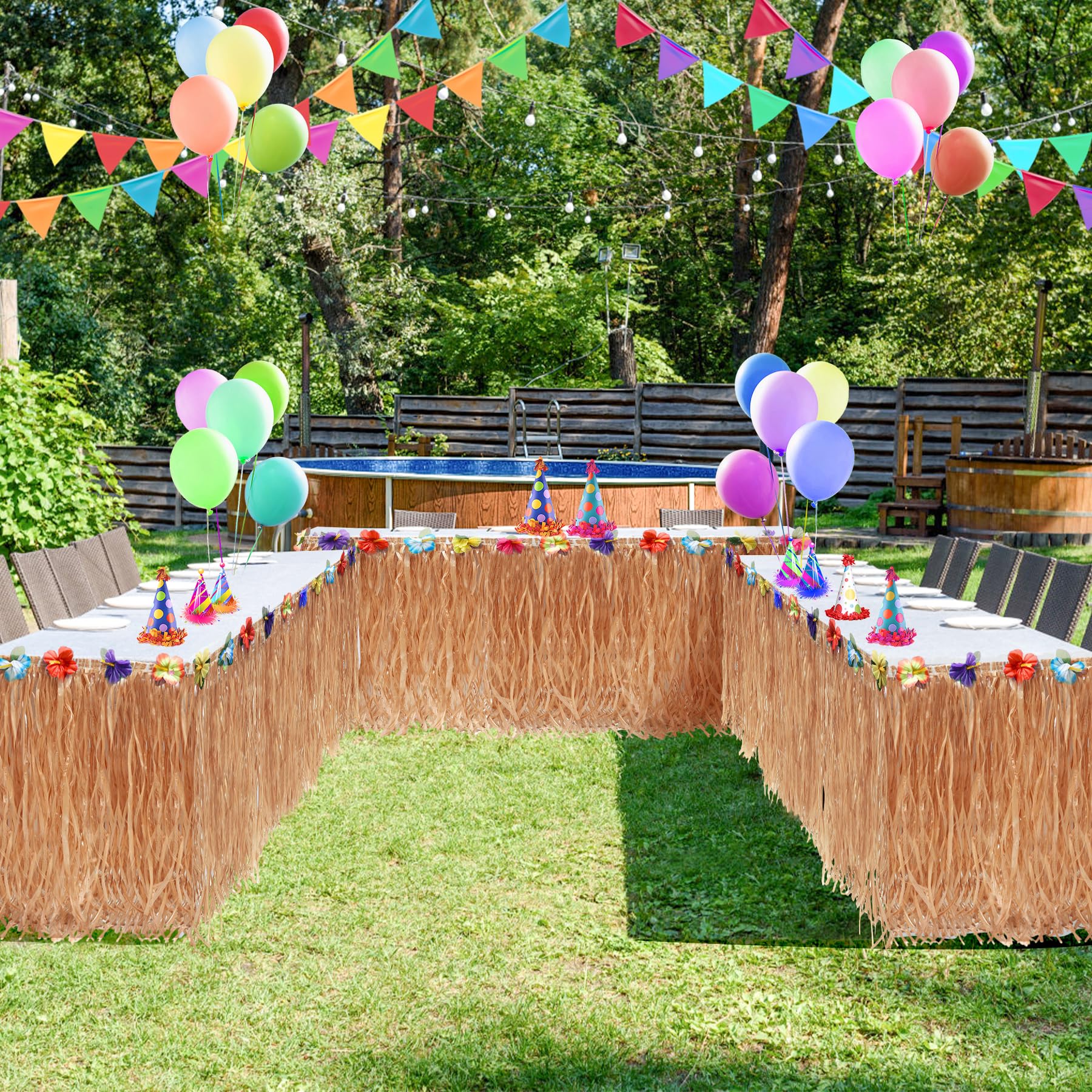 9ft Luau Grass Table Skirt - Tropical Hawaiian Fringe Table Cover for Tiki Bar Decor, Luau Party Supplies & Moana Birthday Party Decorations - Perfect for Beach Themed Events, Tropical Weddings, and Summer Party Decor