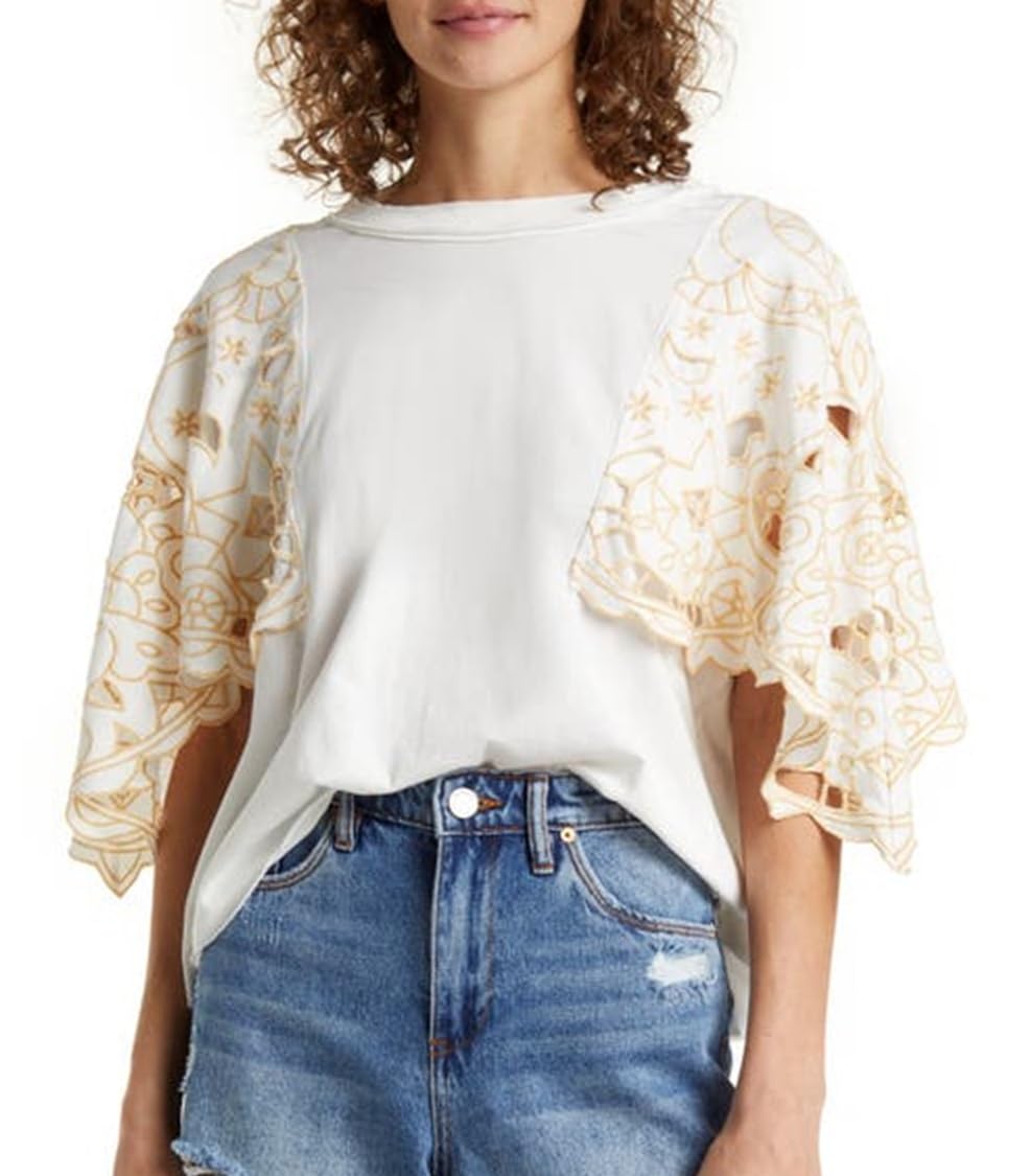 Free People Angel Tee - Women's Boho Floral Print Short Sleeve T-Shirt | Soft Cotton Casual Top for Summer, Music Festivals & Beach Outfits