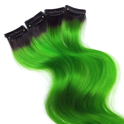 Clip-in Remy Real Human Hair Extensions with Lime Green Highlights & Natural Black Roots - 18 Inch for Parties, Cosplay & Bold Fashion Looks