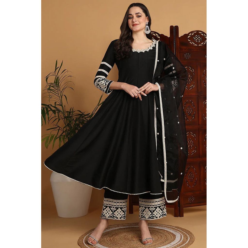 Black Silk Blend Embroidered Anarkali Suit Set for Women - Elegant Indian Ethnic Dress for Weddings, Parties & Festive Occasions