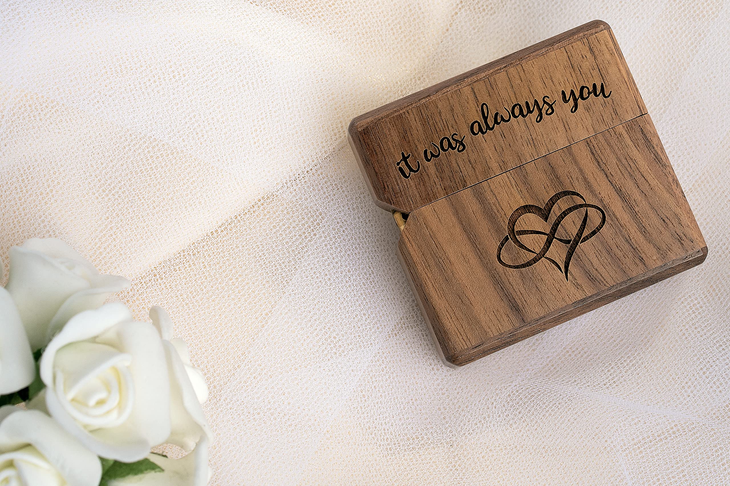 Elegant Walnut Wood Engagement Ring Box - Slim Pocket Size Proposal Ring Holder with 'It Was Always You' Infinity Heart Engraving - Perfect for Romantic Proposals, Surprise Engagements & Wedding Moments