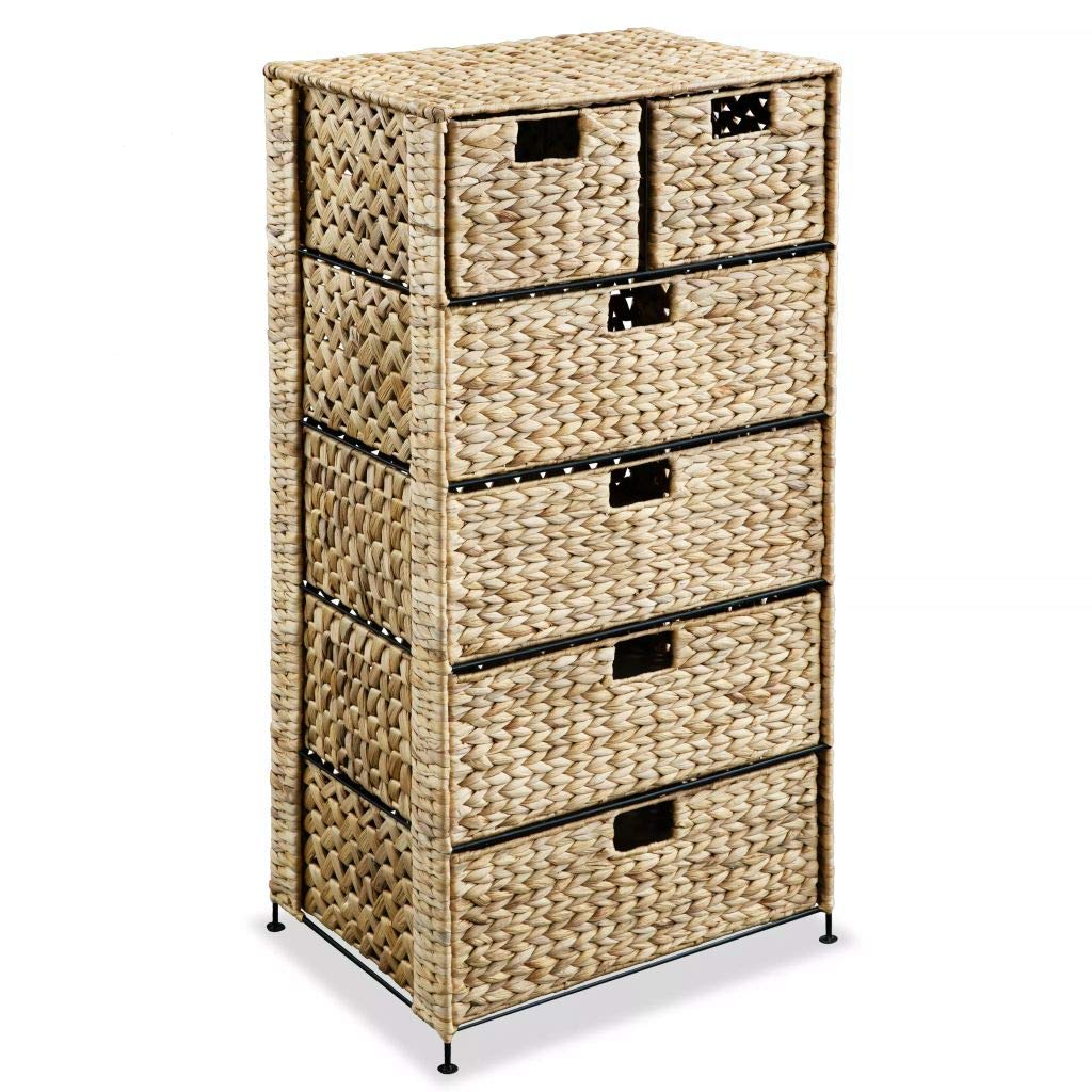 FAMIROSA 6-Basket Storage Organizer - 18.5x14.6x39.4 Inch Water Hyacinth Woven Shelf Unit for Bedroom, Bathroom & Living Room Organization