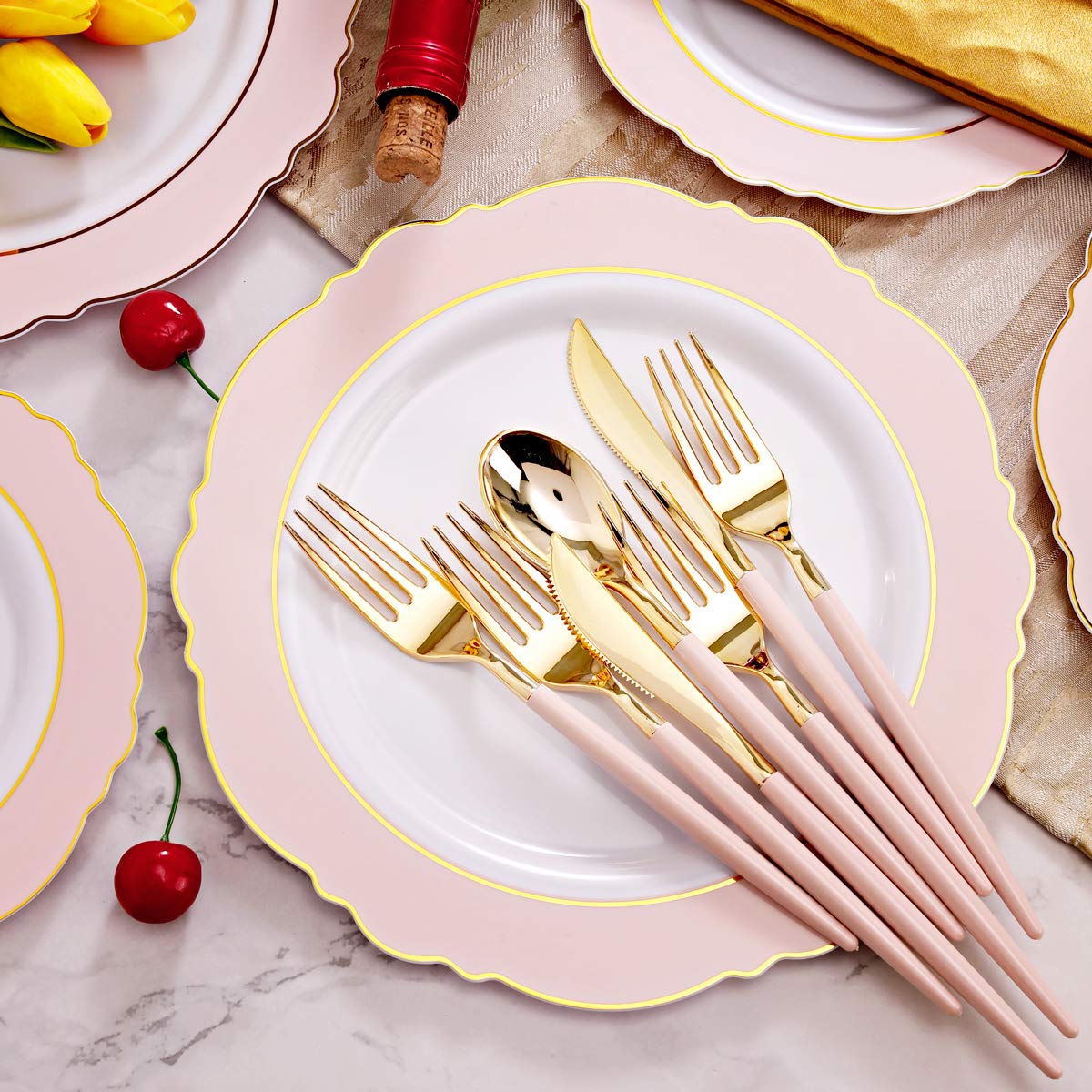 200-Pack Gold Plastic Cups, 30-Pack Pink Plastic Plates & Gold Plastic Cutlery with Pink Handles - Perfect for Birthday Parties, Weddings, and Outdoor Events