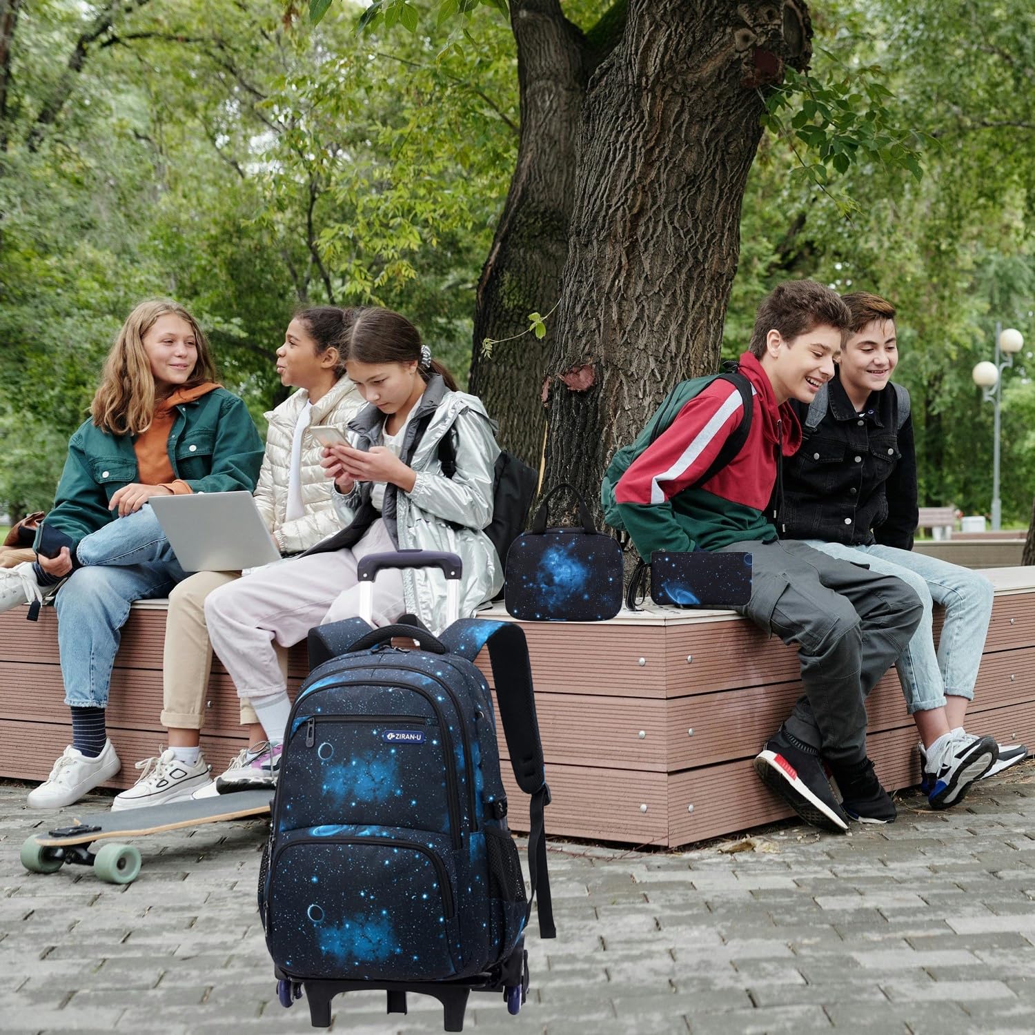 3Pcs Starry Sky Rolling Backpack for Boys - Wheeled School Backpack with 6 Wheels, Trolley Bookbag & Lunch Bag - Perfect for School, Travel & Daily Commute