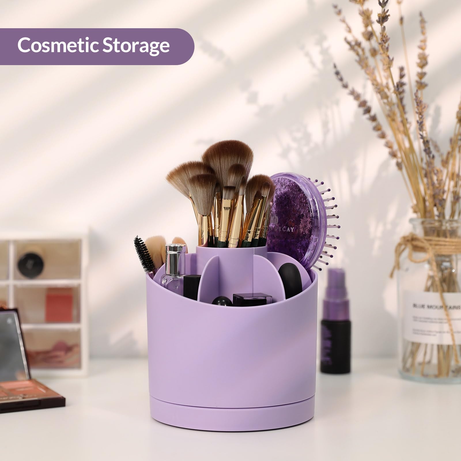 SKYDUE 360-Degree Rotating Desk Organizer with 7 Slots - Cute Purple Pen Holder for Pencils, Art Supplies & Office Accessories - Perfect for Classroom, Home Office & Workspace Organization