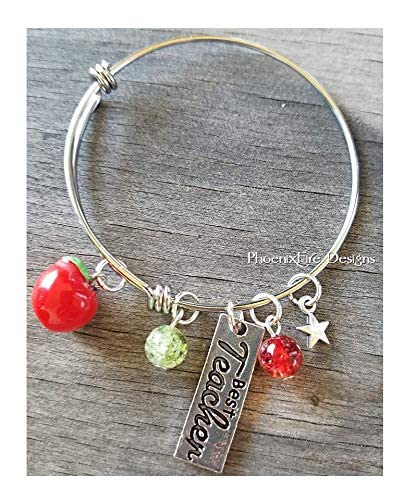 Best Teacher Gift - Stackable Charm Bracelet with Apple Charm for Teacher Appreciation, Thank You Present - Perfect for Teacher's Day, End of Year Gifts & Retirement Celebrations