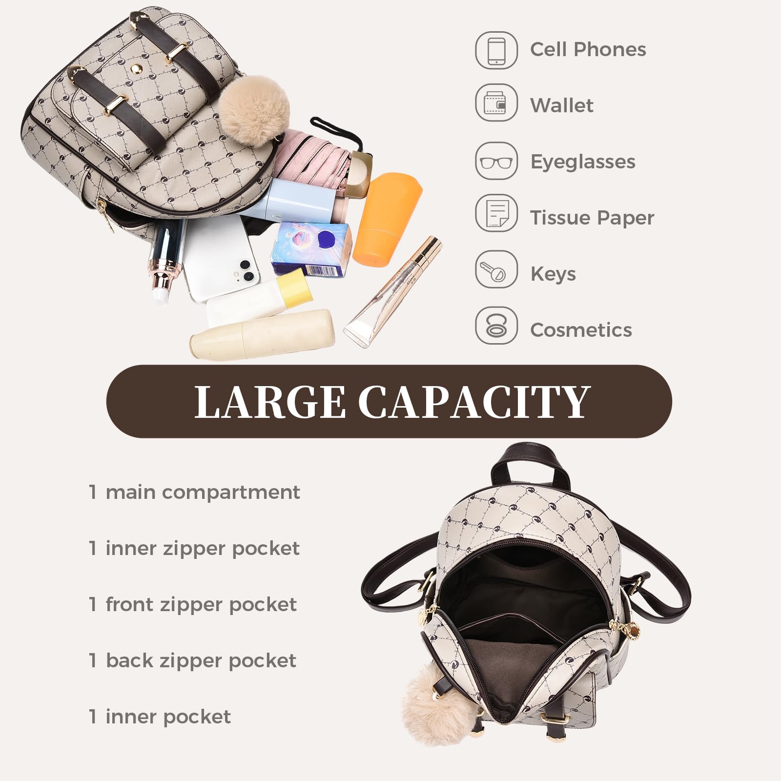 IHAYNER Girls Fashion Backpack - Mini PU Leather Shoulder Bag with Pompom for Women & Teen Girls | School, Travel & Daily Use Cute Purse